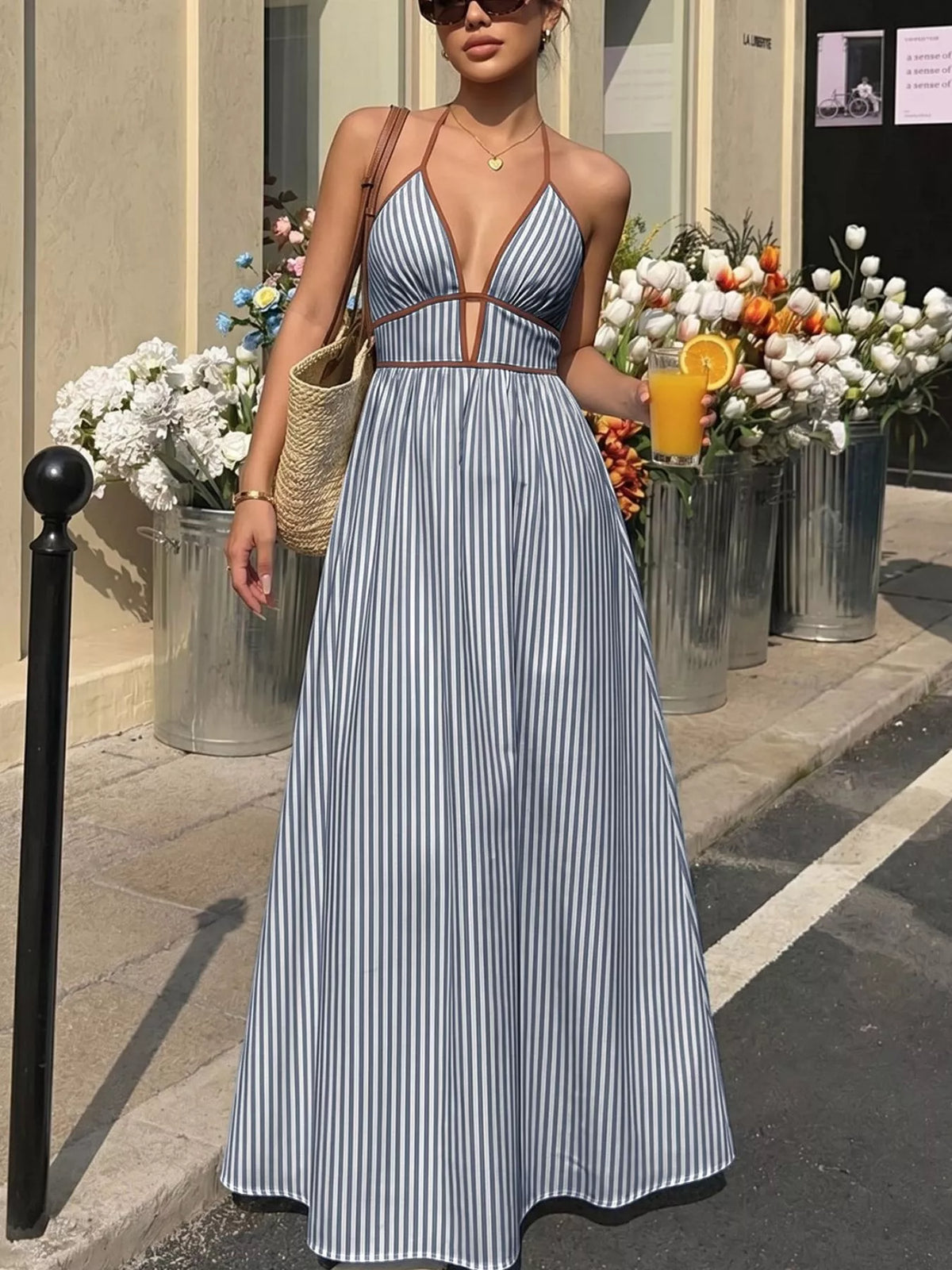 Striped Halter Neck Maxi Dress in Cotton Blend