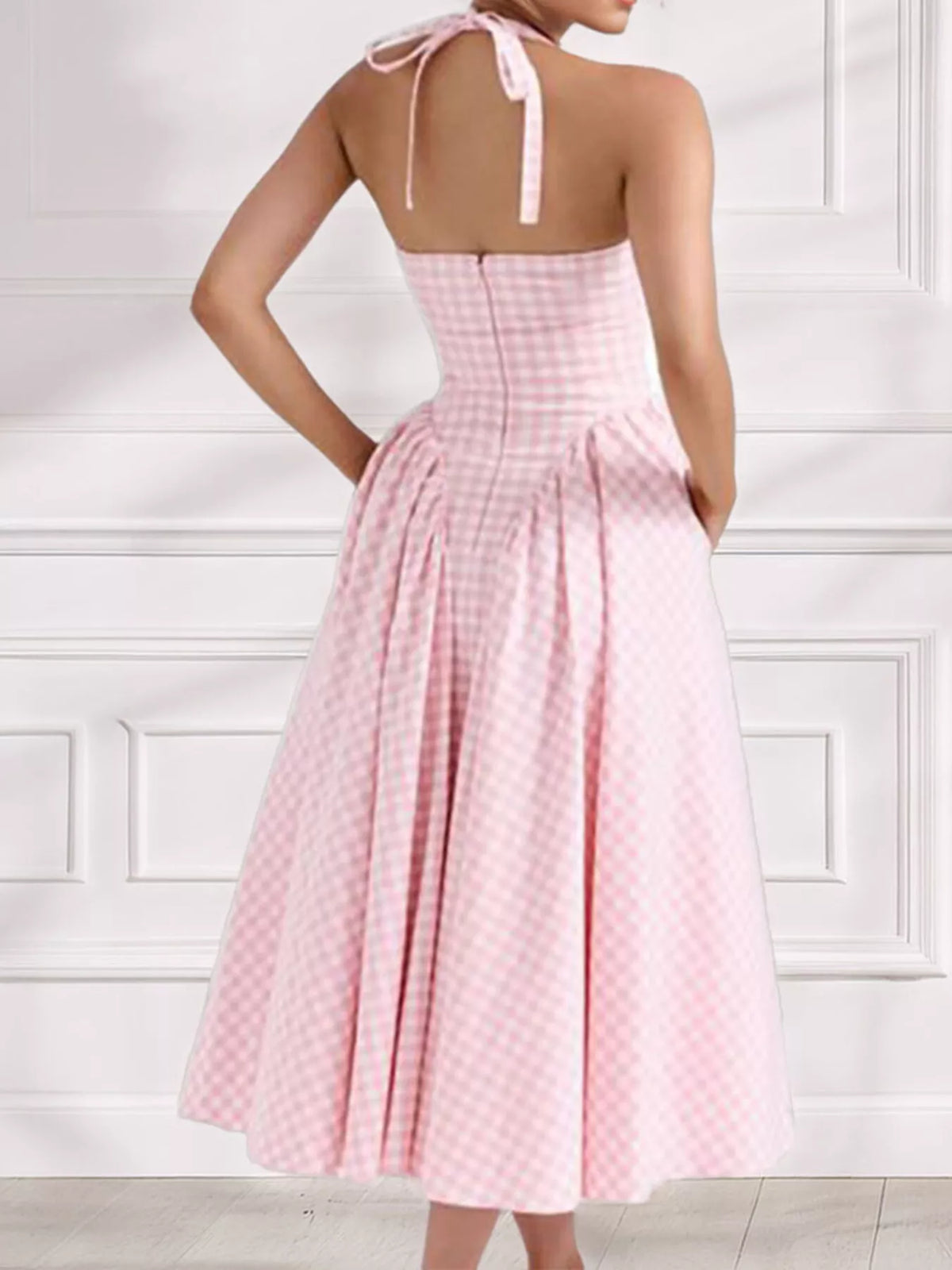 Gingham Halter Neck Maxi Dress in Blush Pink