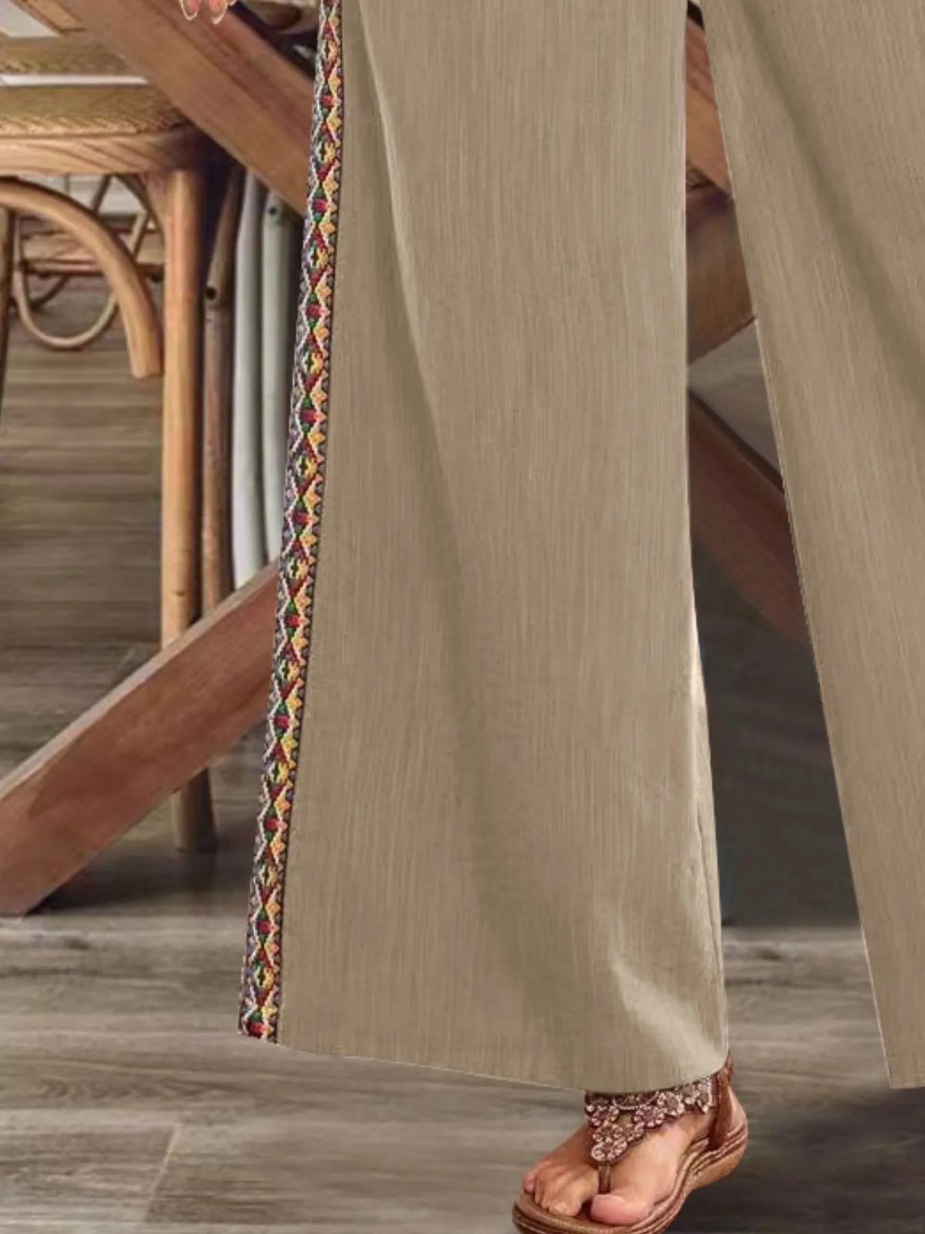 Embroidered Side-Stripe Wide-Leg Pants