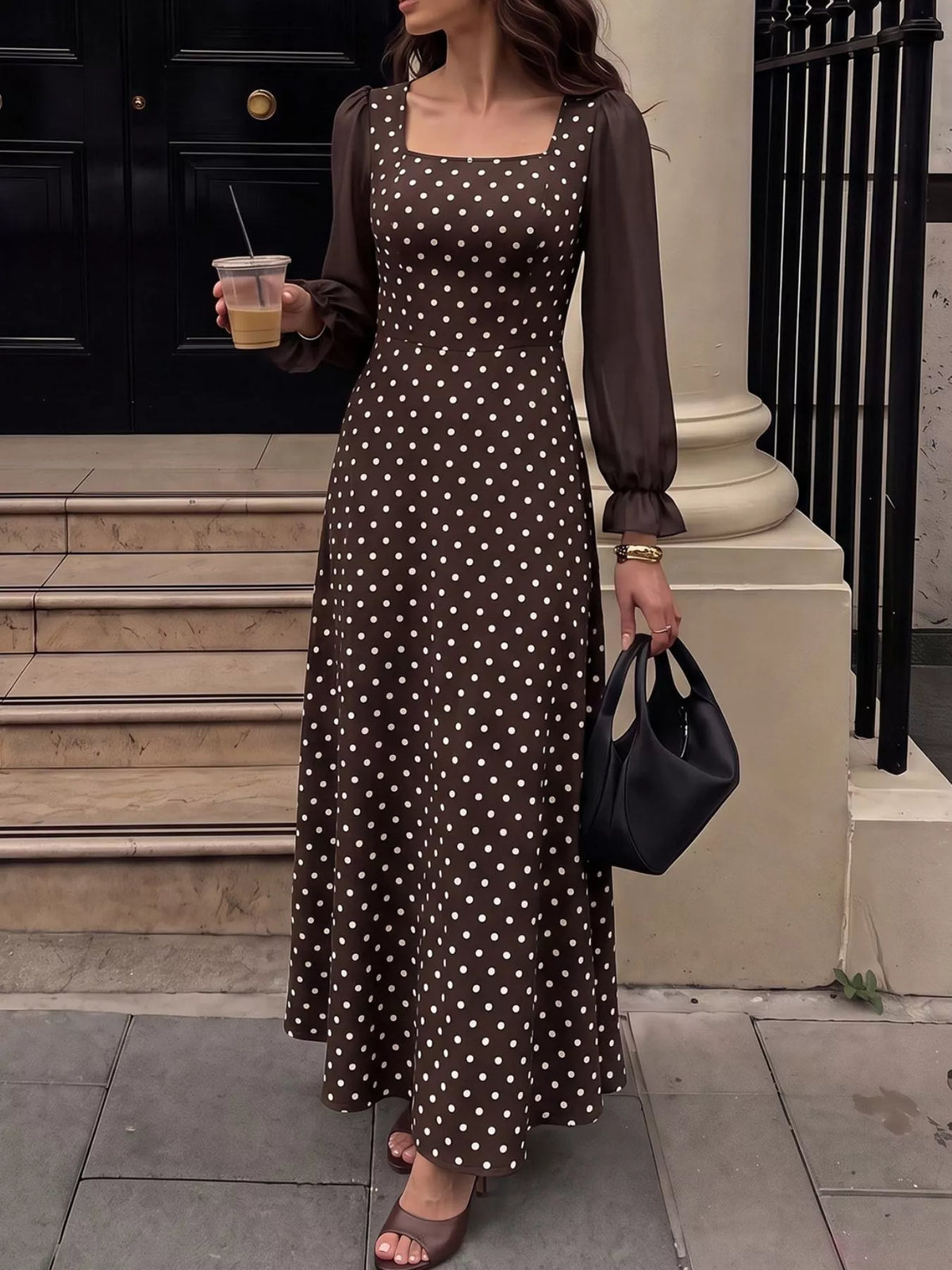 Polka Dot Square Neck Maxi Dress in Brown