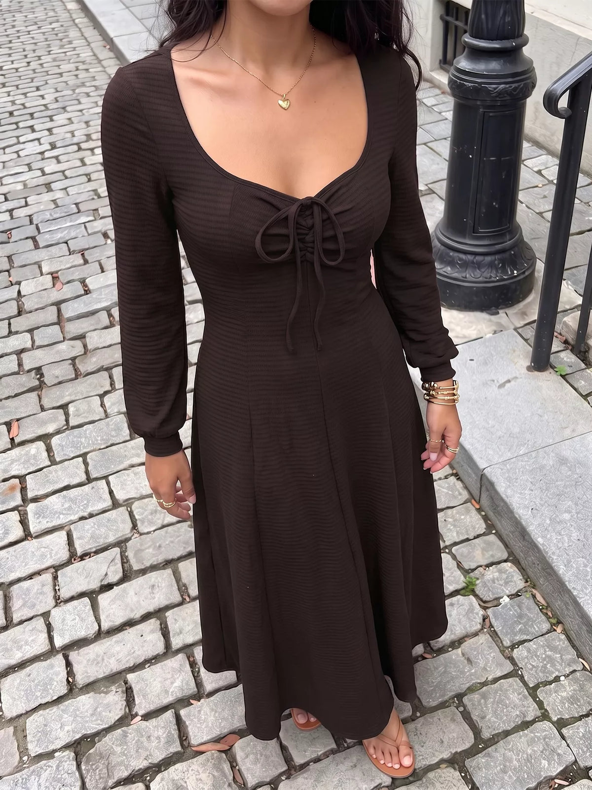 Long Sleeve Tie-Front Maxi Dress in Brown