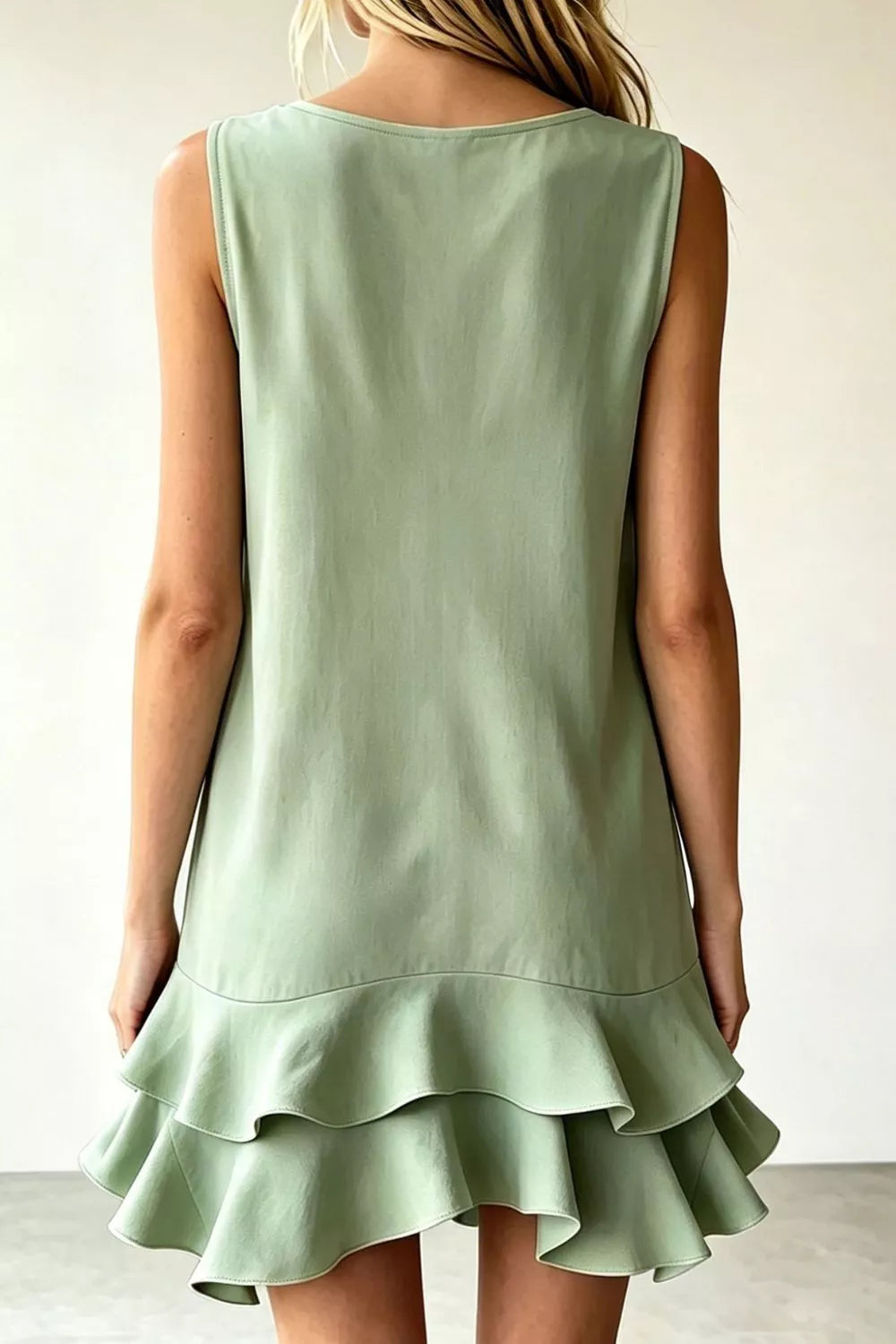 Sleeveless V-Neck Ruffle Hem Mini Dress in Beige