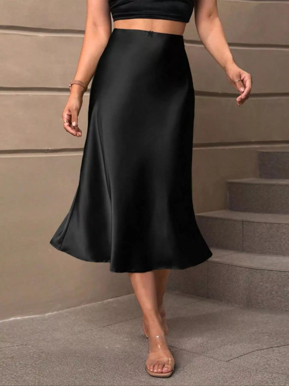 Satin Midi Skirt in Black