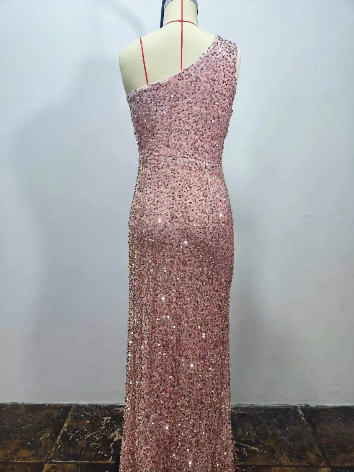 One-Shoulder Sequin High-Slit Evening Dress