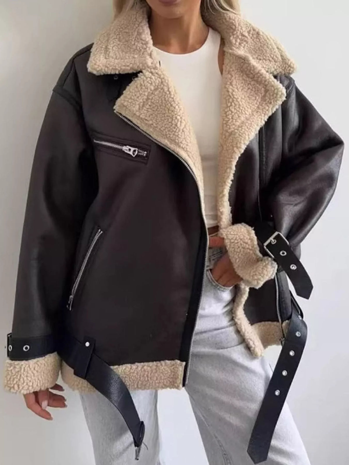 Faux Leather Zip-Up Jacket in Dark Brown