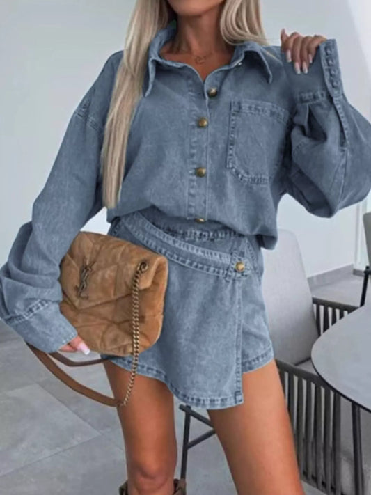 Medium Wash Denim Shirt and Skirt Set by Ease Mee