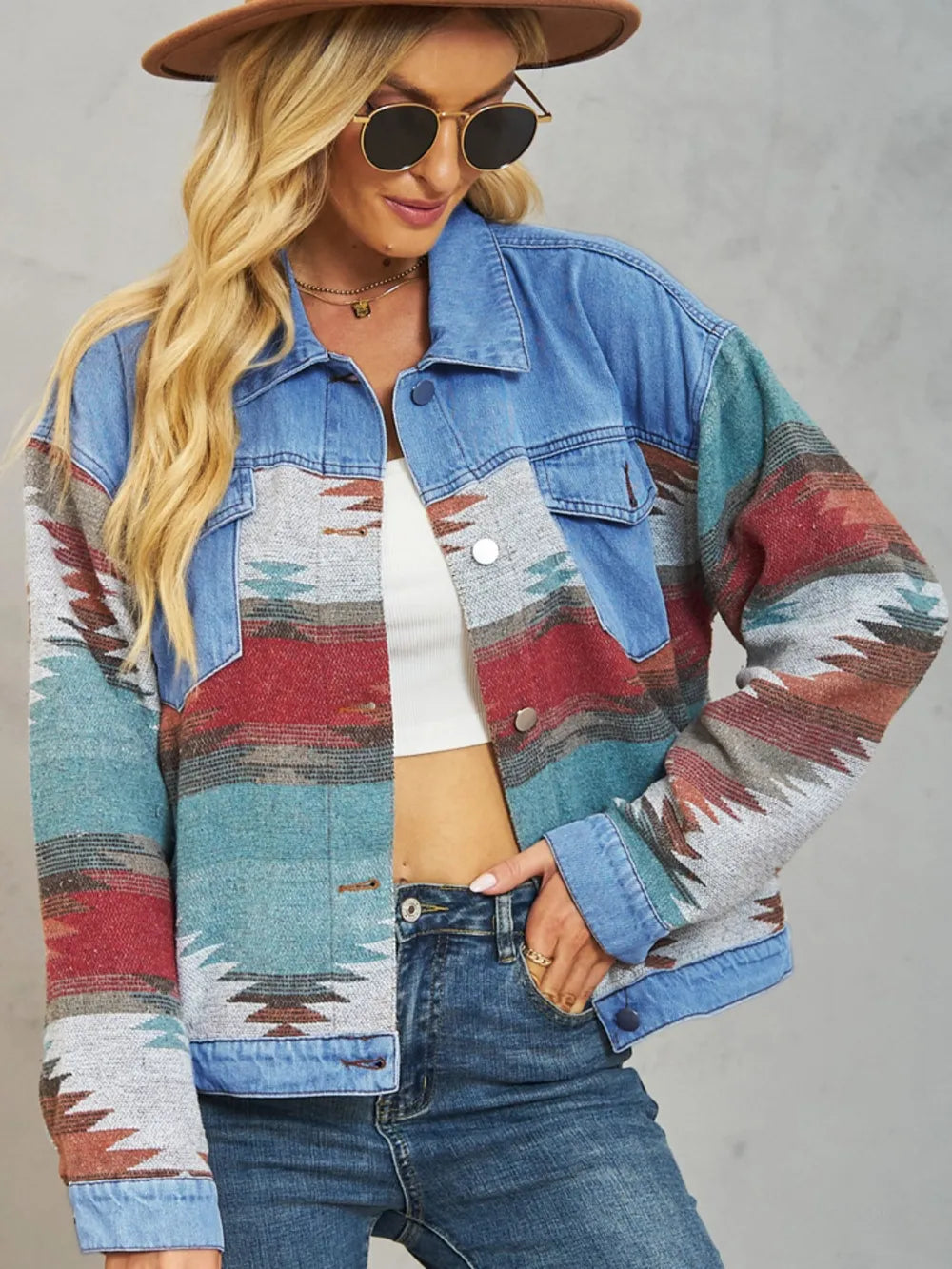 Geometric Dropped Shoulder Denim Jacket in Dusty Blue by Manny