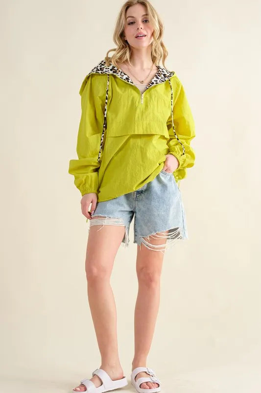 And The Why Leopard Print Zip Windbreaker in Lime