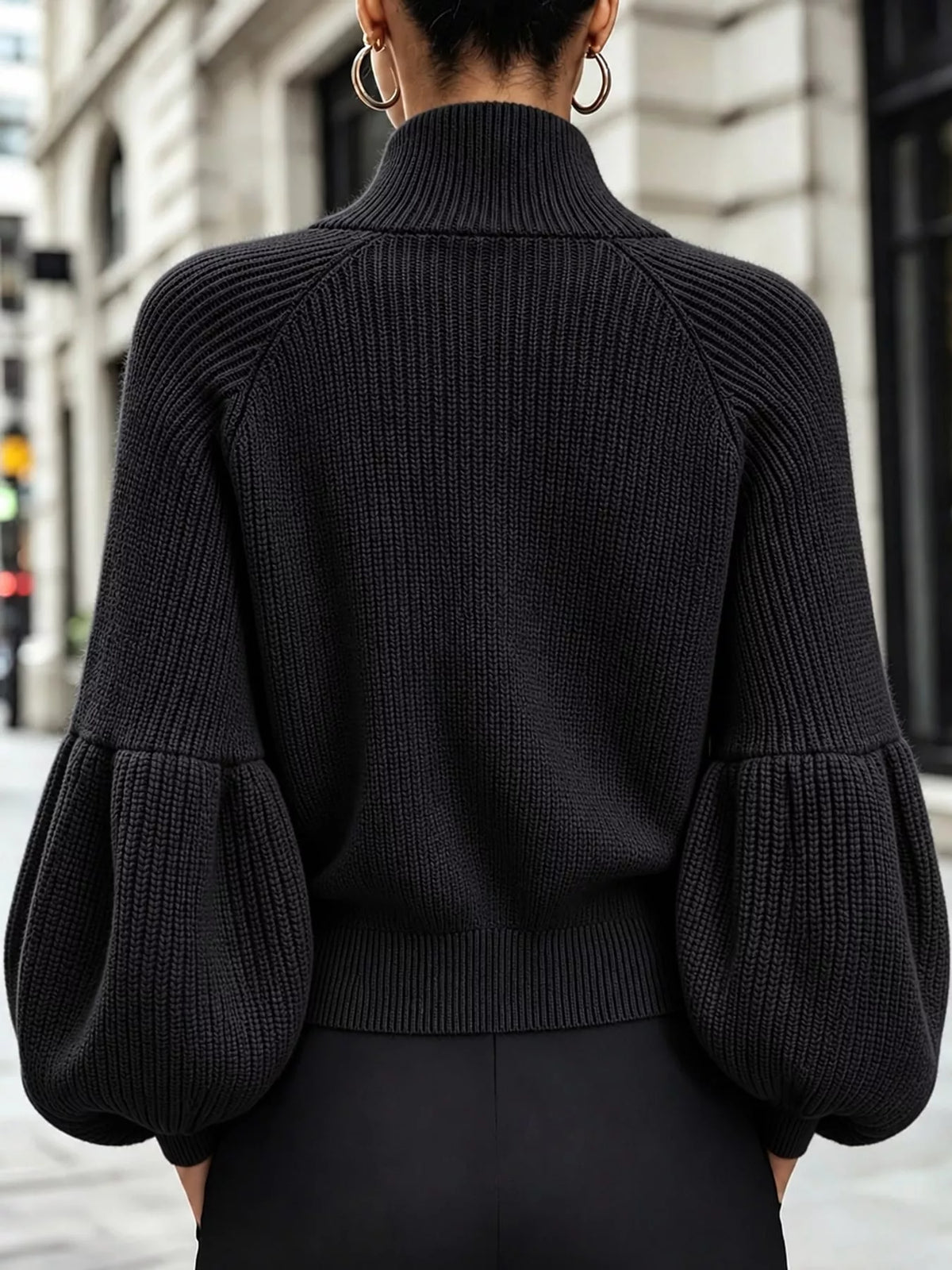 Ribbed Knit Zip-Up Cardigan with Lantern Sleeves