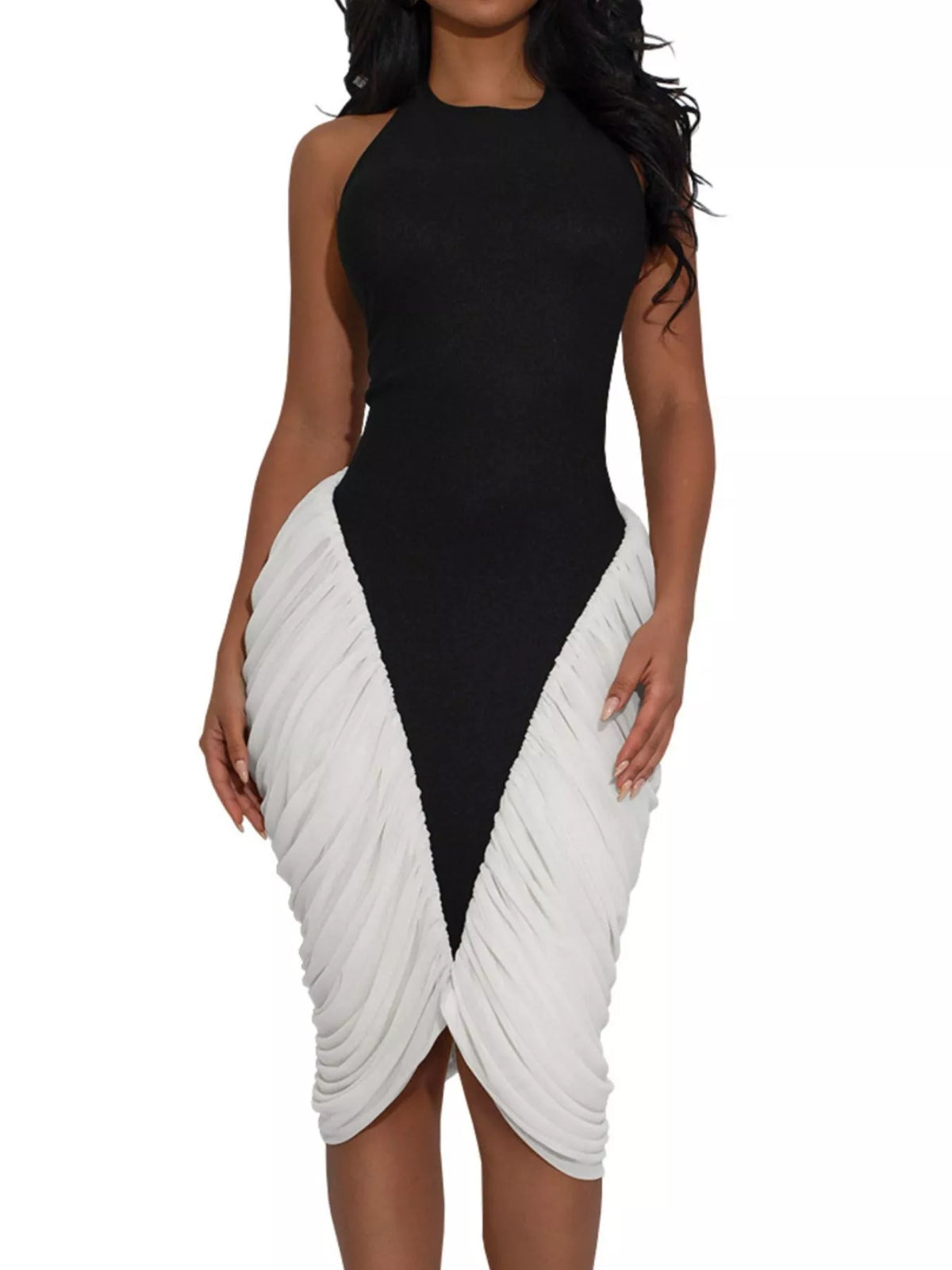 Two-Tone Sleeveless Ruched Midi Dress in Black