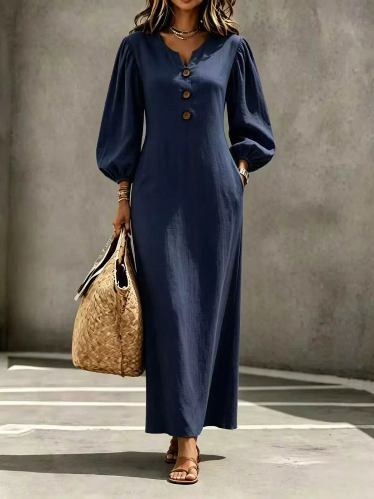 Button Balloon Sleeve Maxi Dress