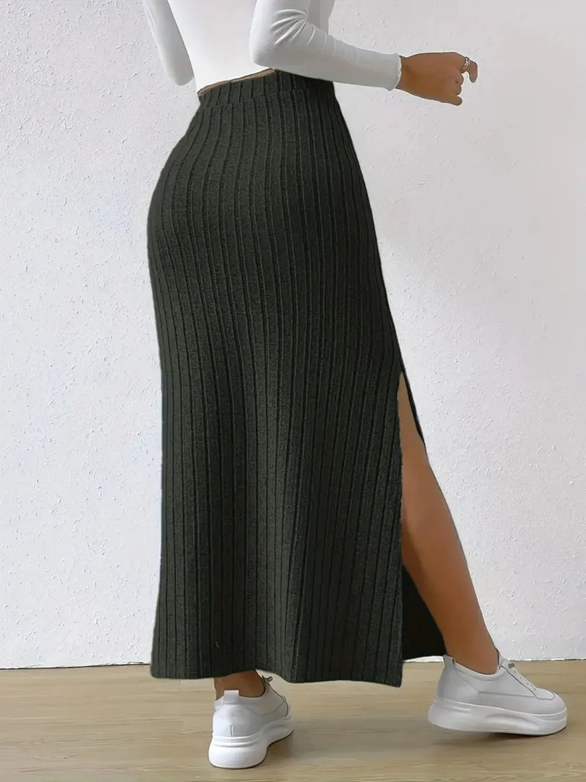 High-Waisted Ribbed Knit Maxi Skirt