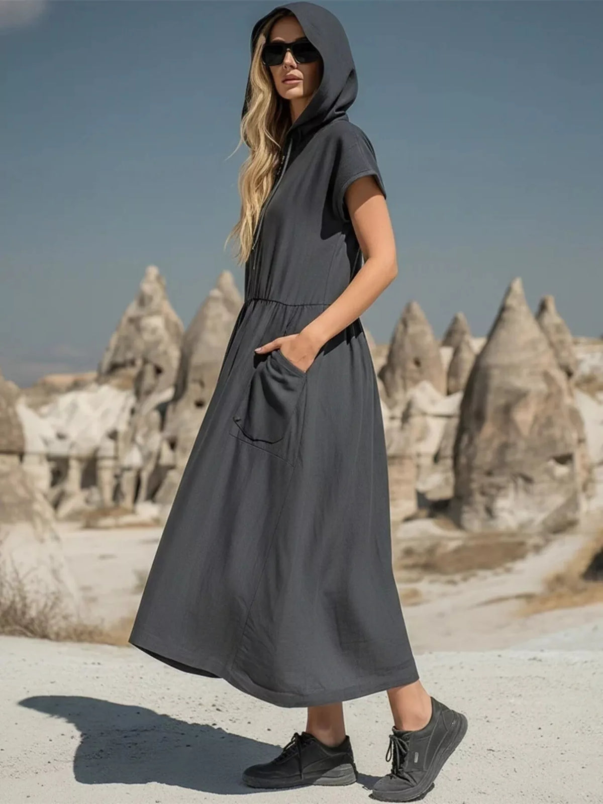 Hooded Midi Dress with Pockets