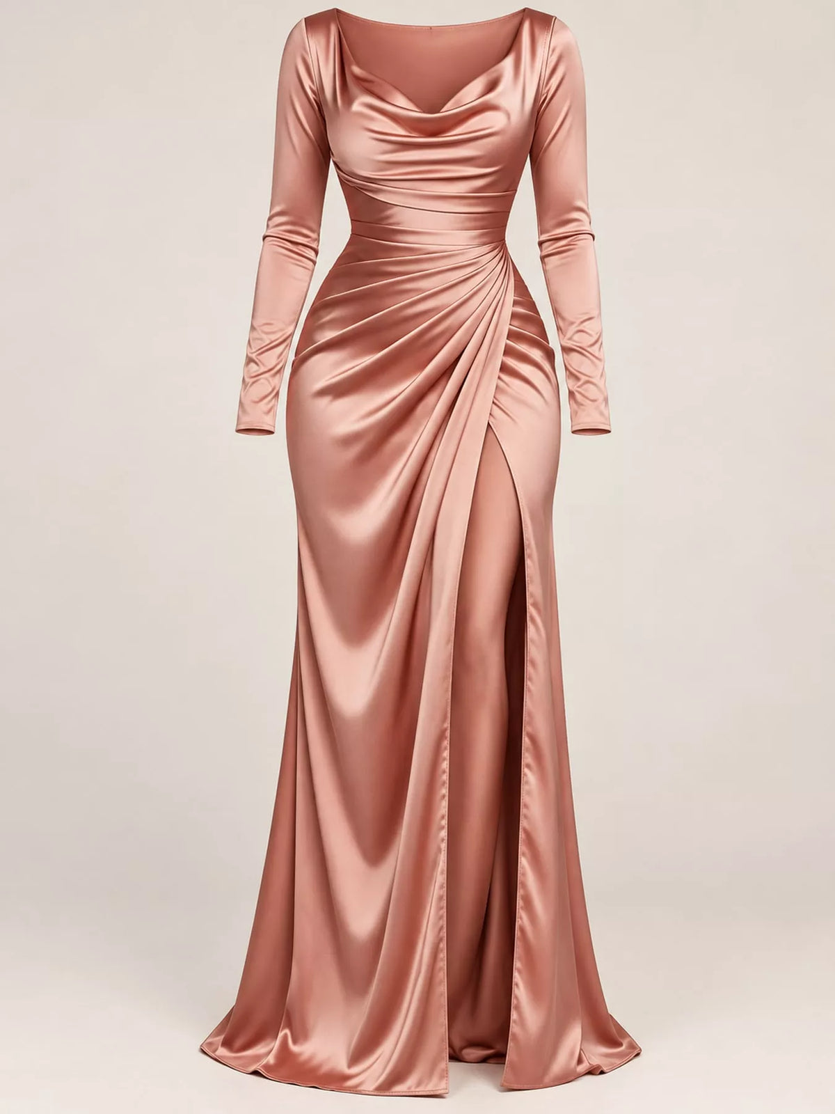 Satin Cowl Neck High Slit Evening Maxi Dress in Black