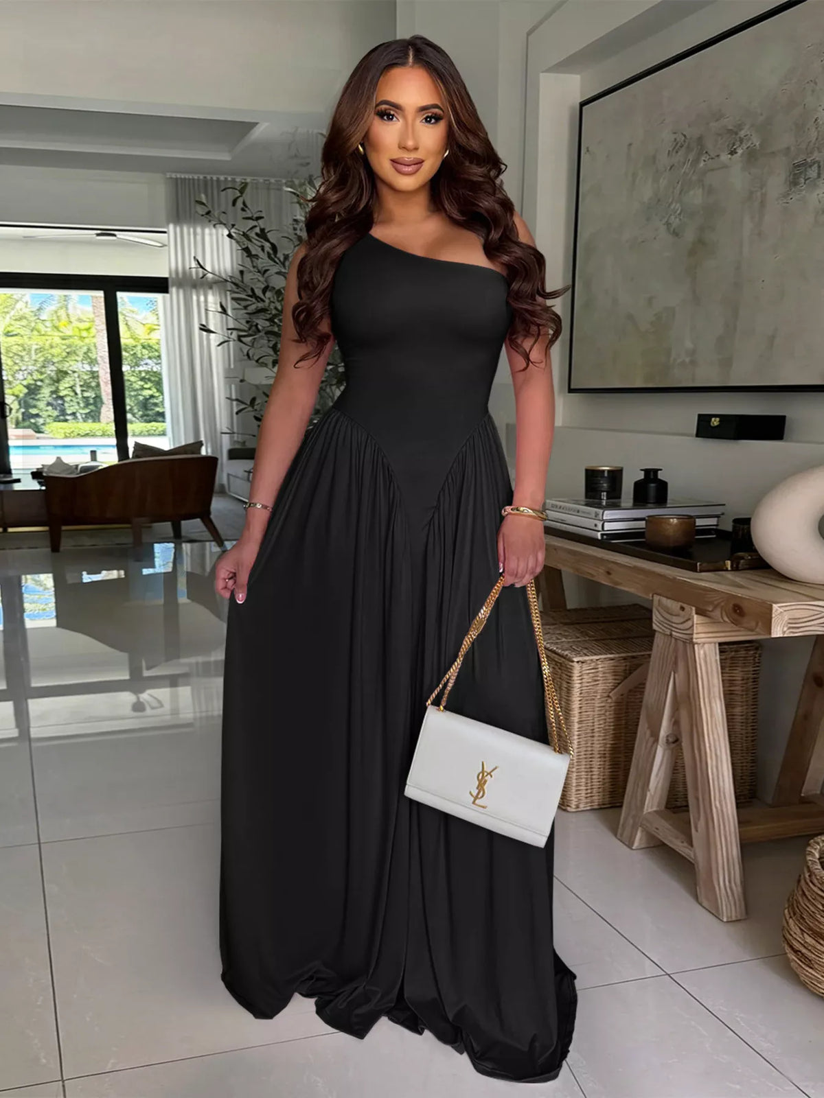 Ruched One-Shoulder Maxi Dress in Black