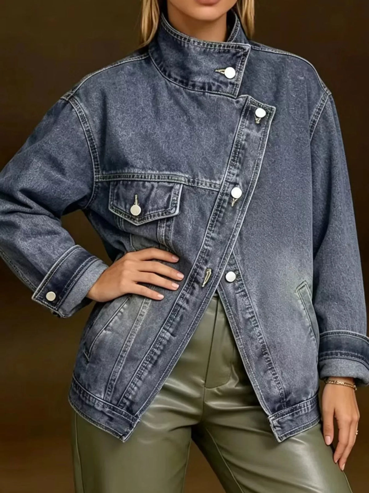 Asymmetric Stand Collar Denim Jacket