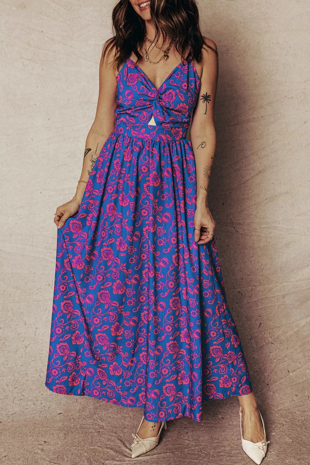 Floral Twisted V-Neck Backless Maxi Dress in Purple