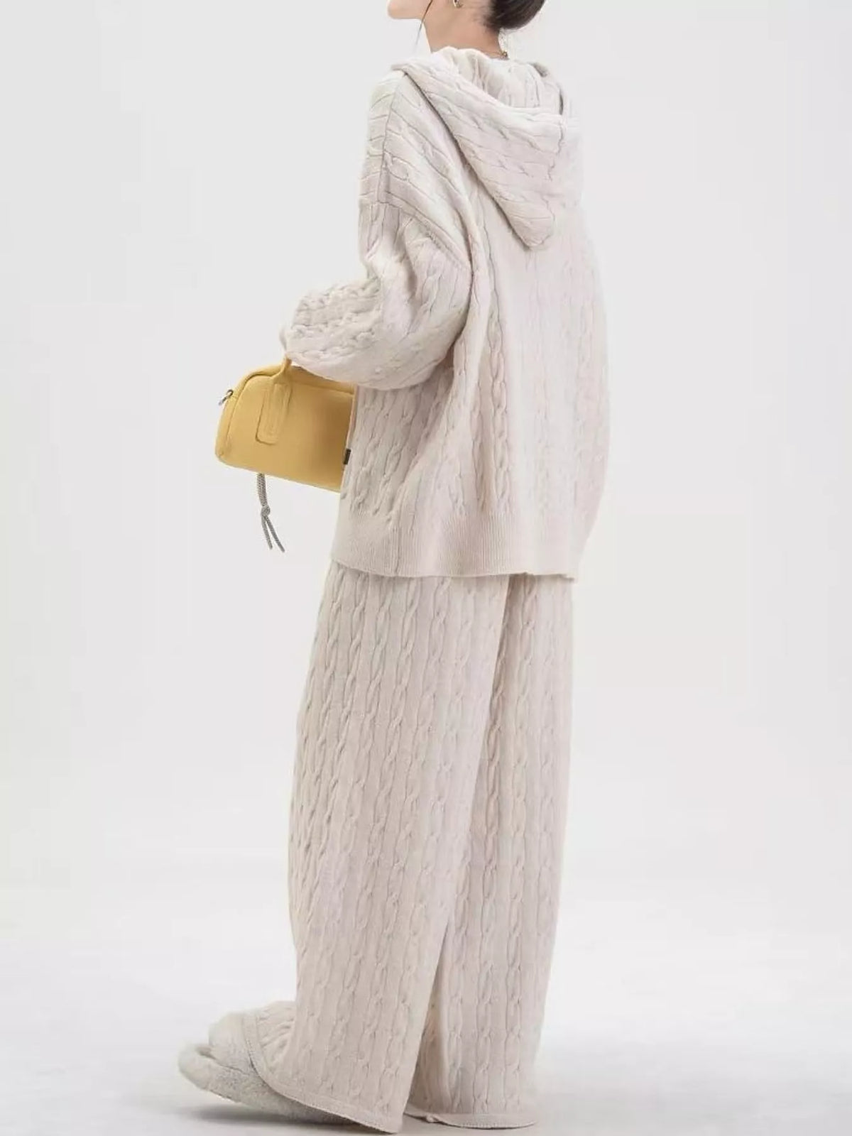 Cable Knit Zip-Up Hooded Cardigan and Wide-Leg Pants Set