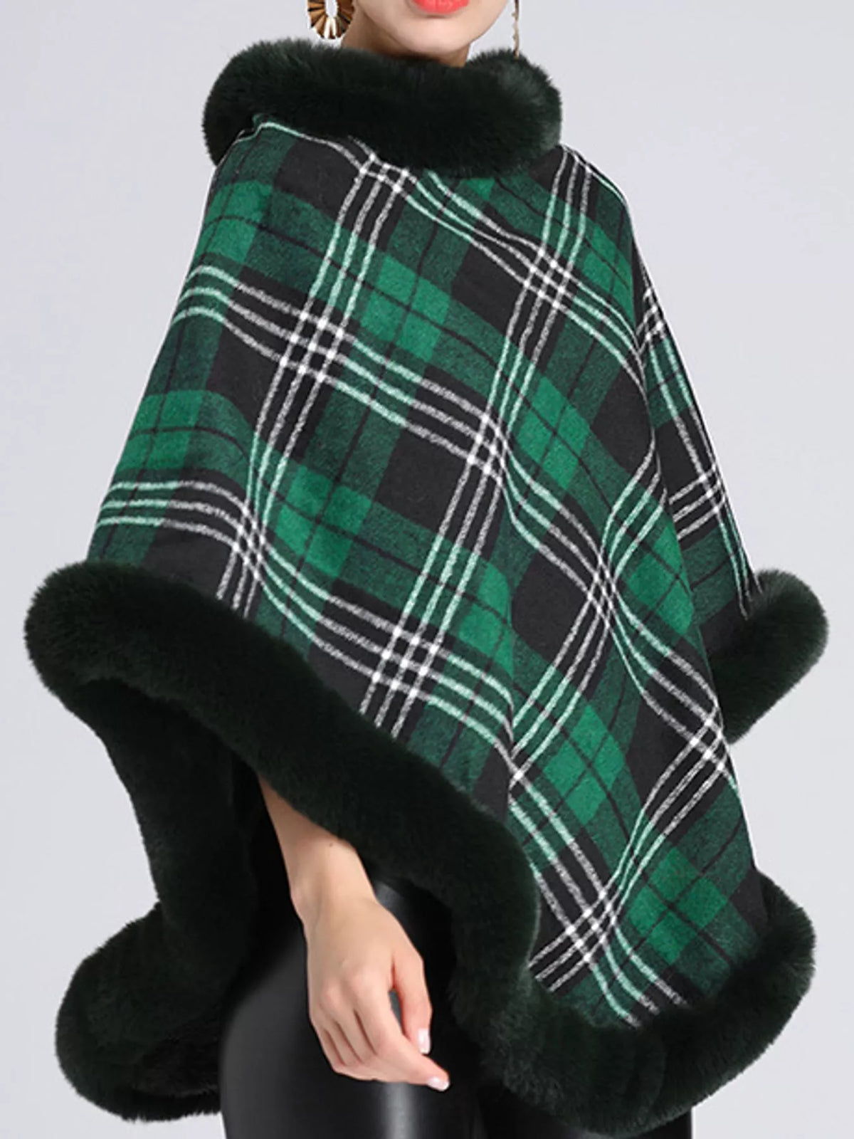 Plaid Faux Fur Trim Poncho Cape