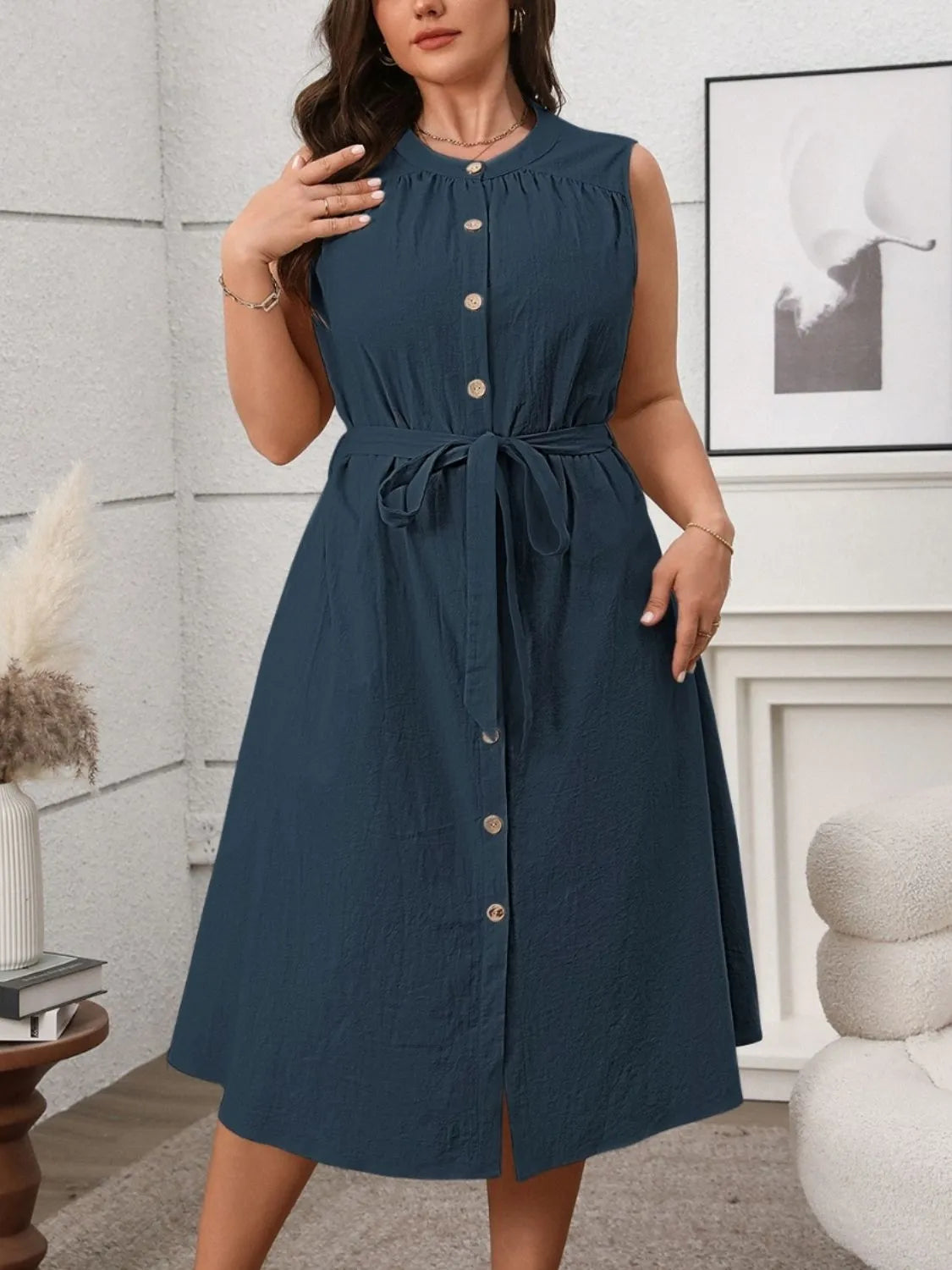 Plus Size Button Front Tie Waist Dress