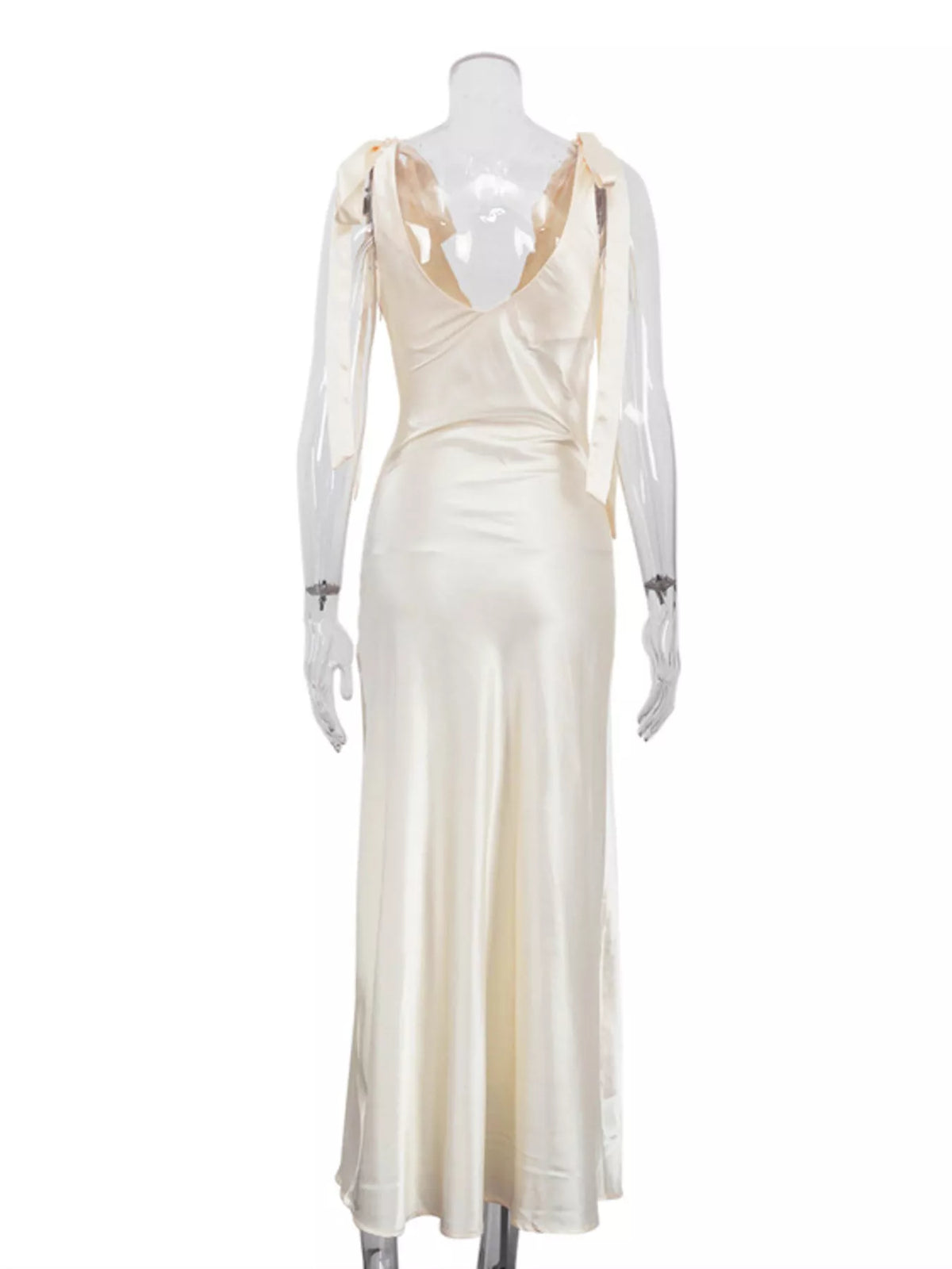 Satin Tie Shoulder Deep V-Neck Dress in Beige