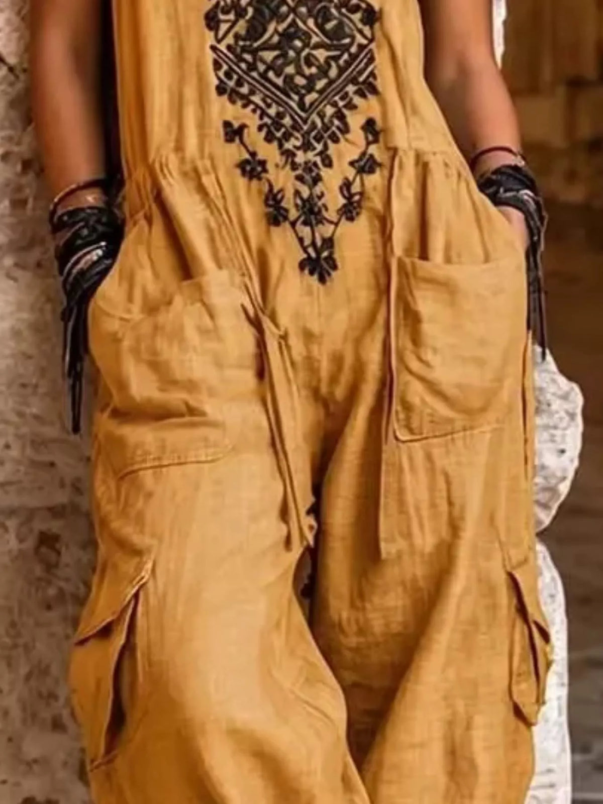 Embroidered Sleeveless Jumpsuit with Cargo Pockets