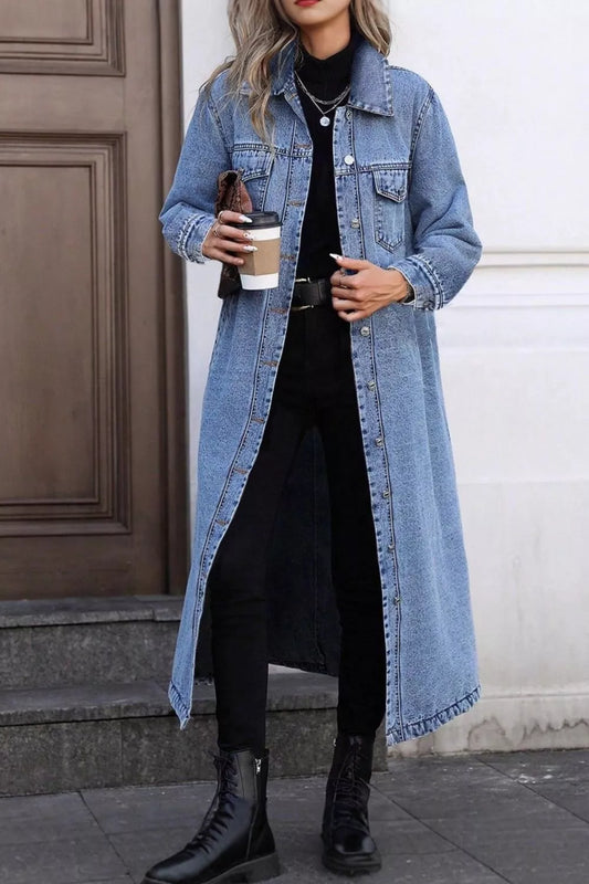 Longline Button-Down Denim Jacket in Blue
