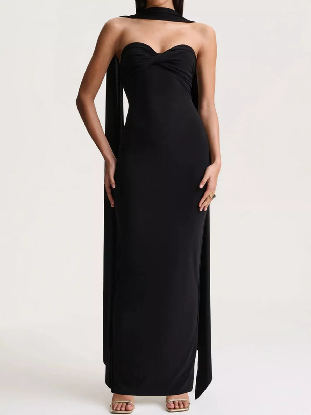 Strapless Ruched Bodycon Maxi Dress with Scarf