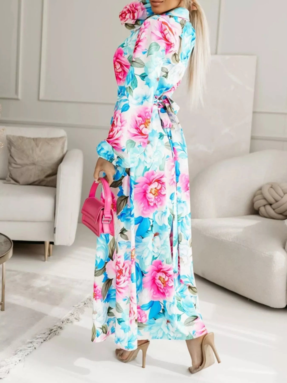 Long Sleeve Ruched Maxi Shirt Dress