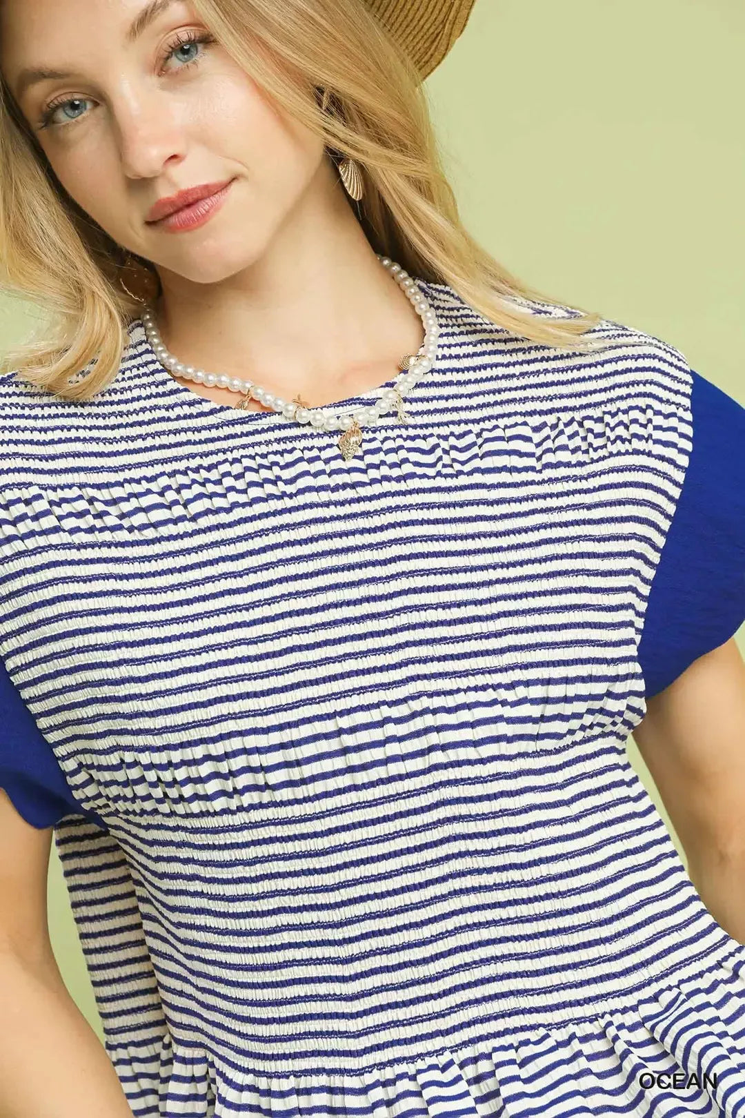 Umgee Stripe Ruffle Sleeve Peplum Top in Ocean