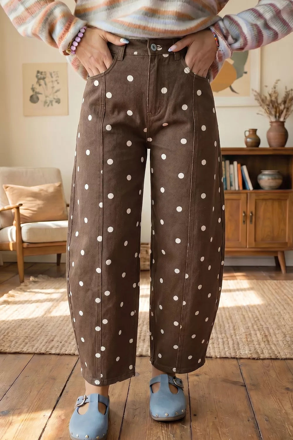 Polka Dot Print Barrel Jeans in Dark Brown