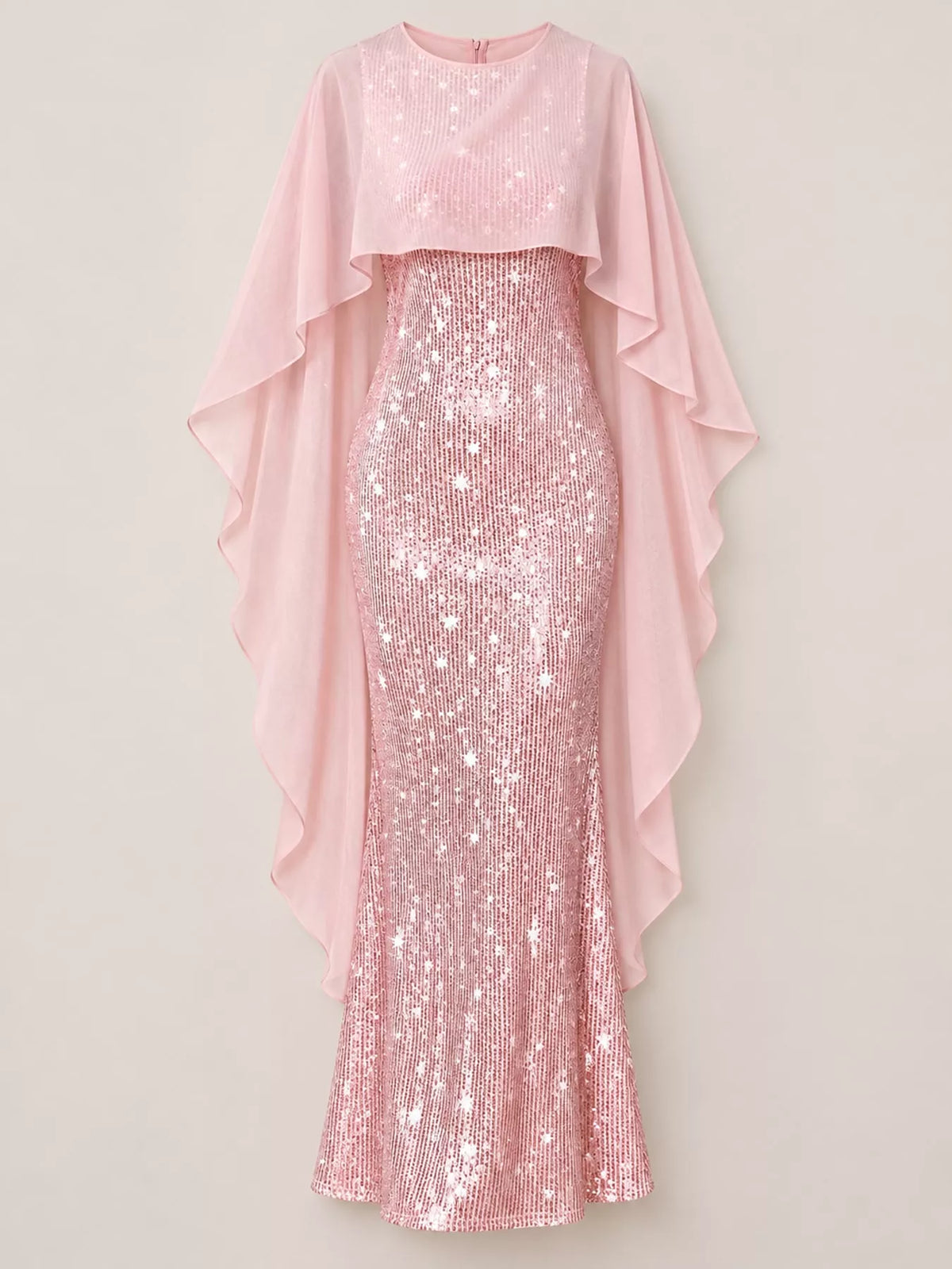 Sequin Cape-Overlay Evening Dress