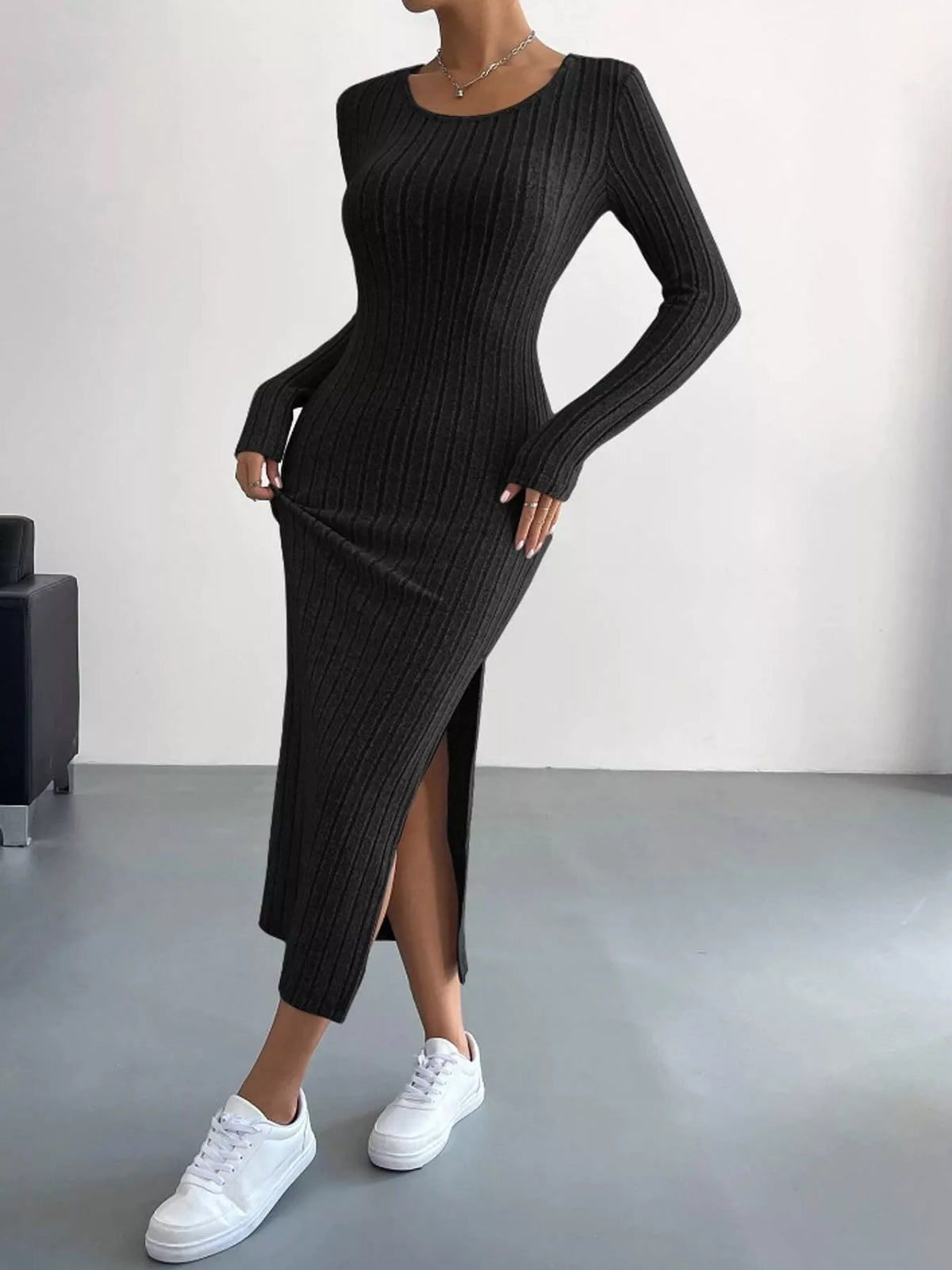 Side Slit Ribbed Knit Dress