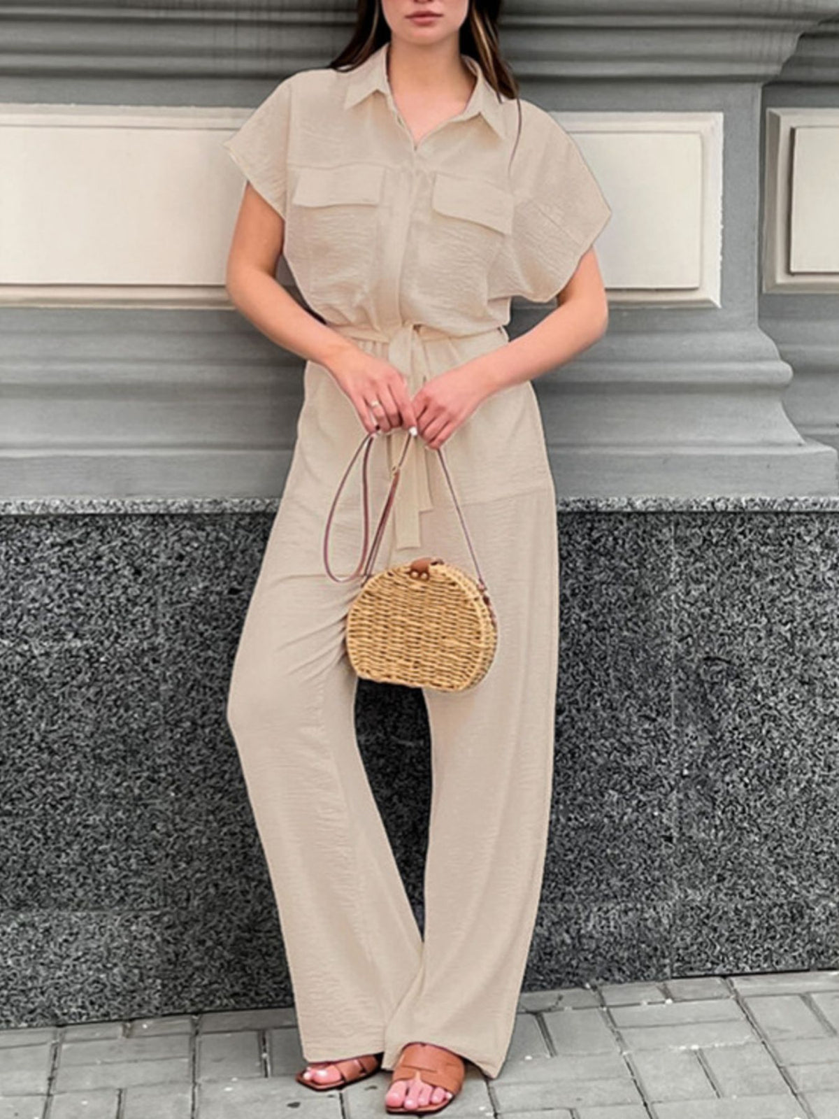 Chest Pocket Wide-Leg Jumpsuit in Beige