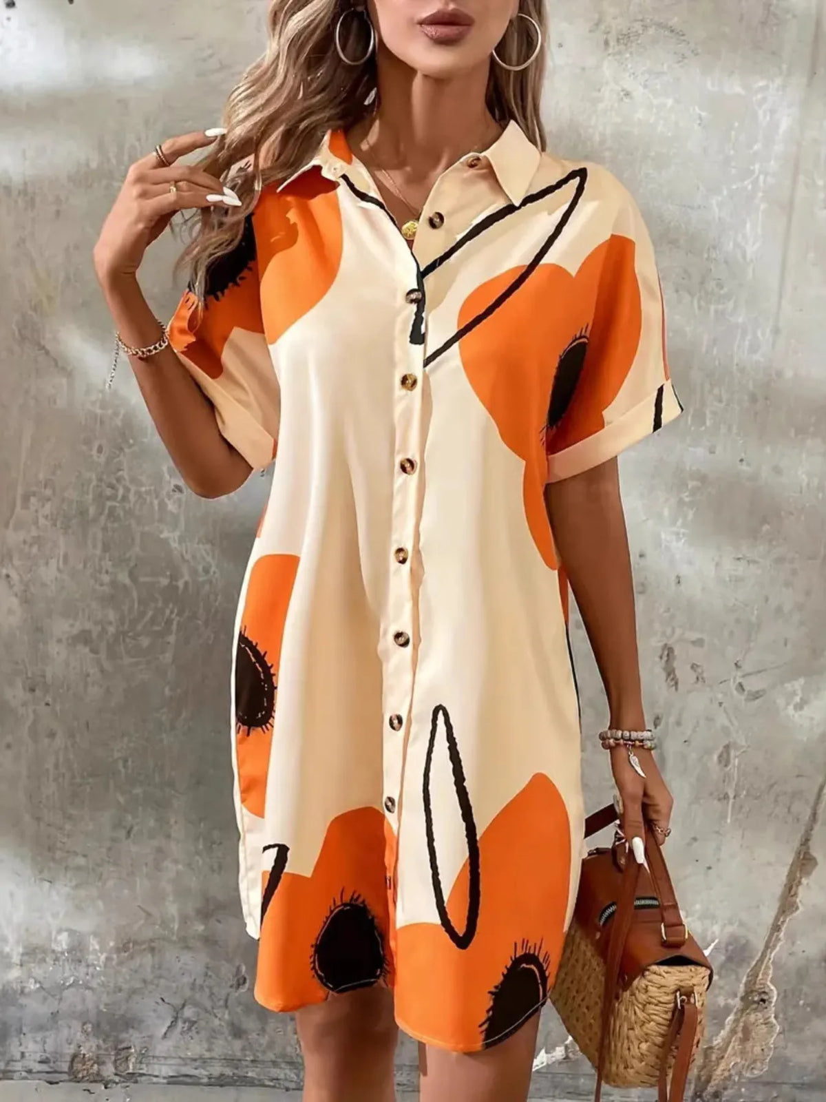 Printed Button-Front Shirt Dress in Tan