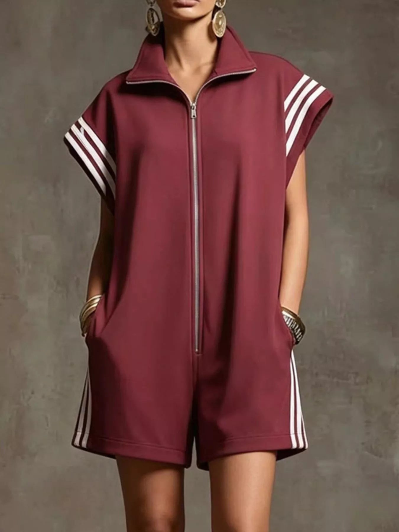 Striped Zip-Front Short-Sleeve Romper