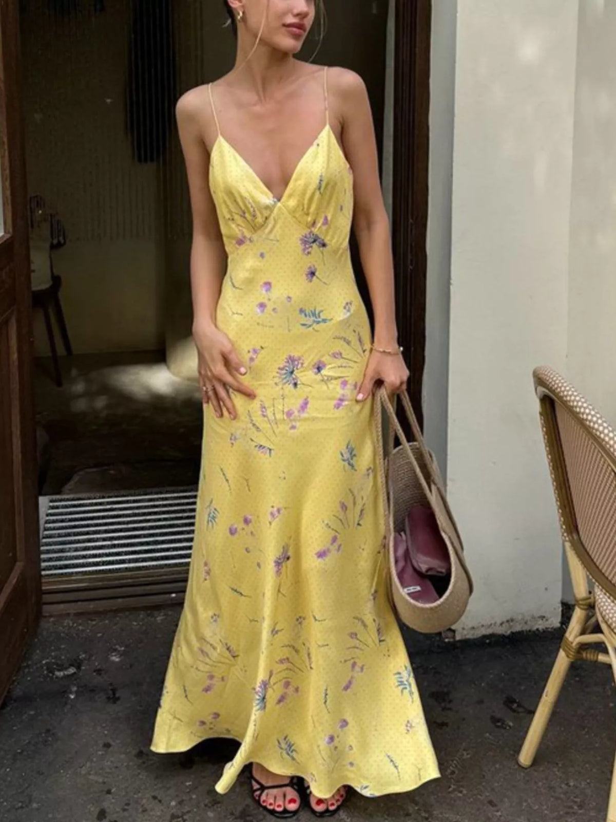 Floral Spaghetti Strap Maxi Dress in Yellow