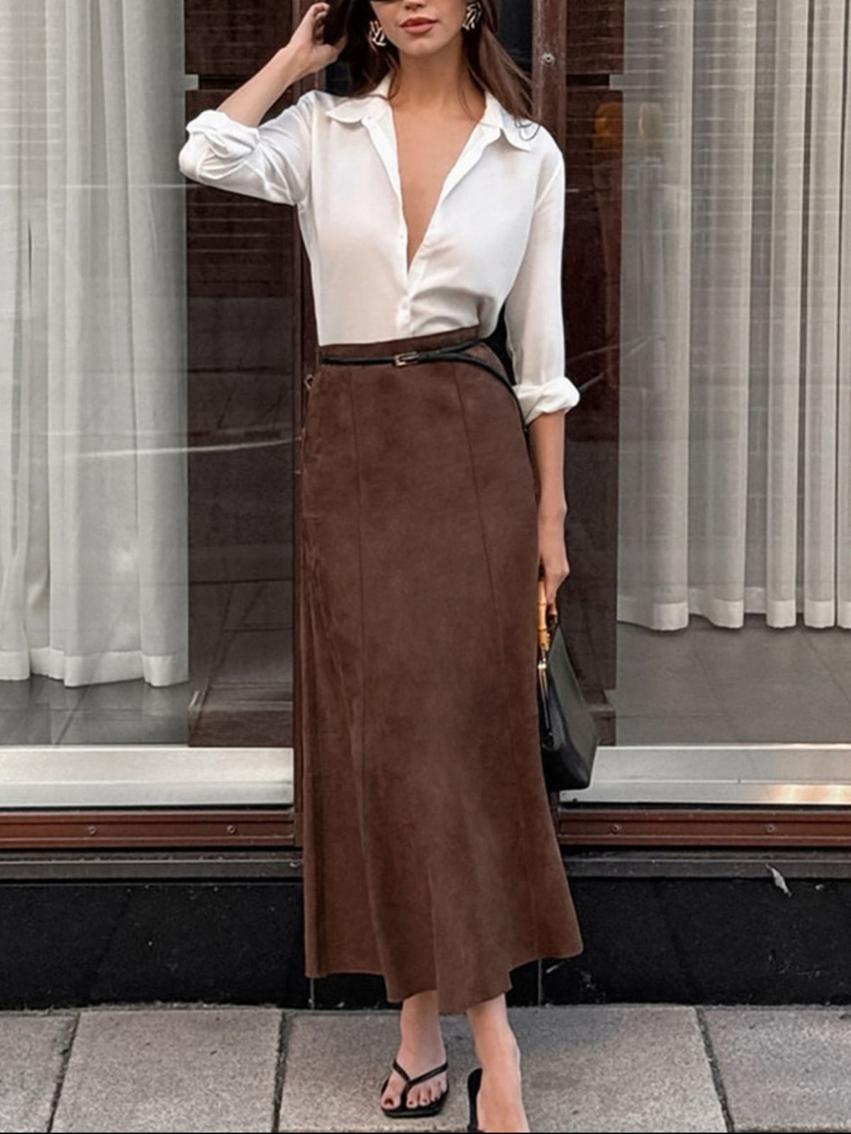 Suede Midi Skirt in Dark Brown