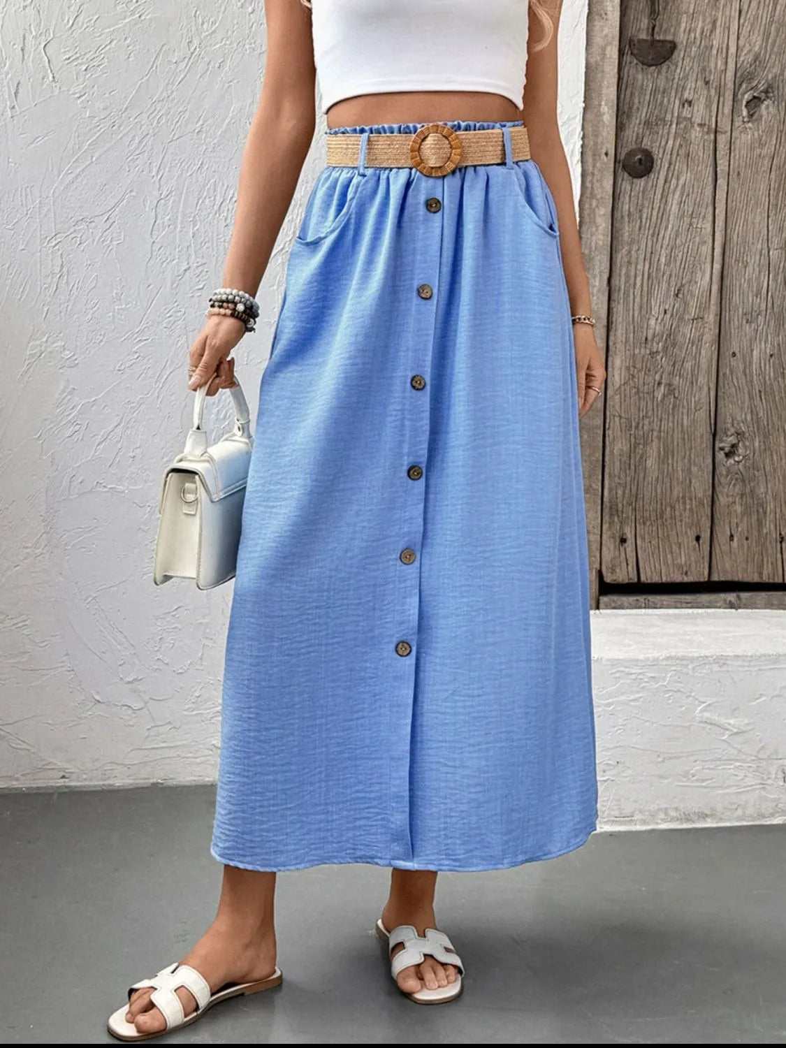 Decorative Button-Front Midi Skirt in Light Blue