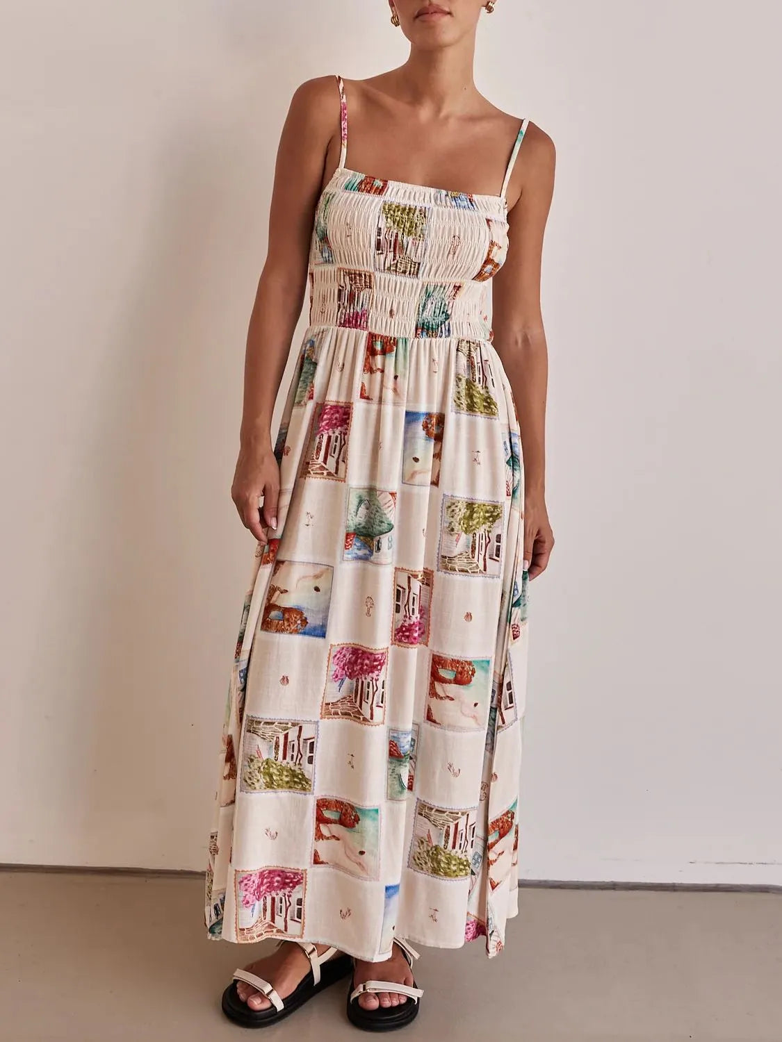 Smocked Square-Neck Cami Dress in Multicolor