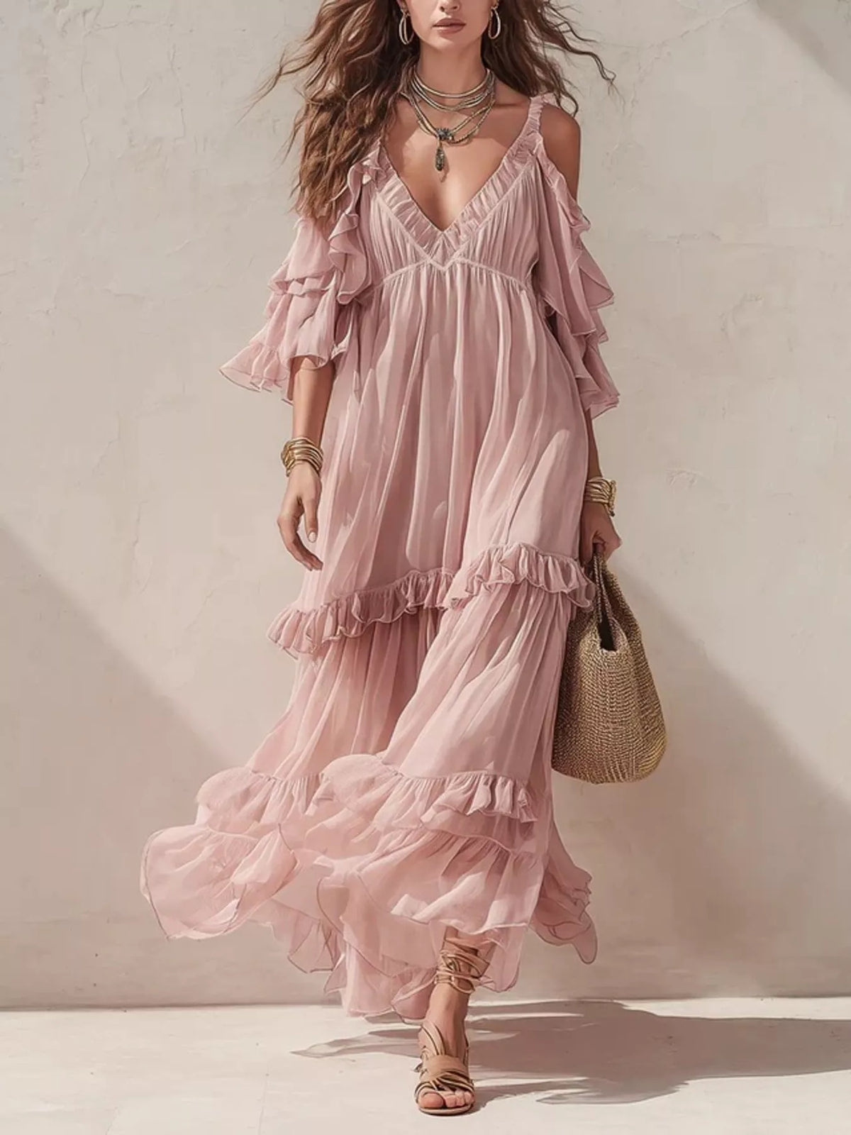 Cold-Shoulder Ruffled Maxi Dress in Dusty Pink by Yvette