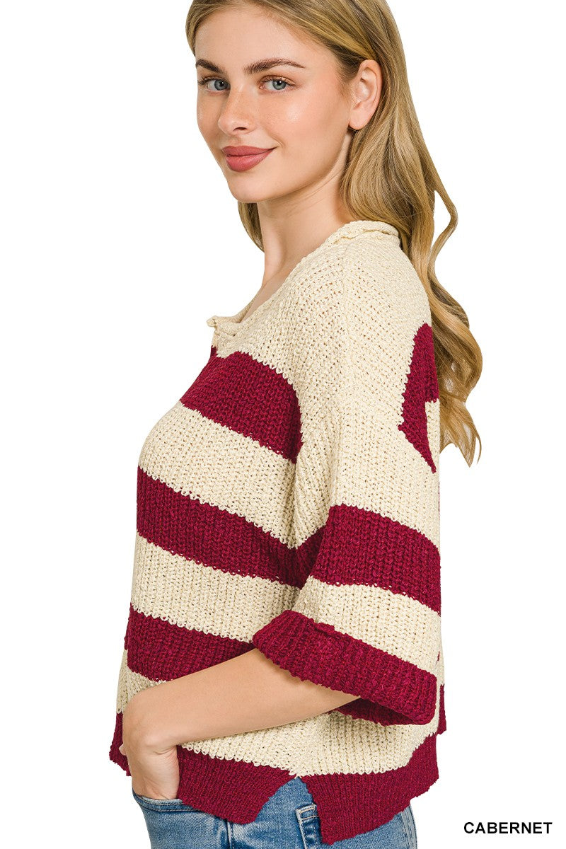 Zenana Split Neck Striped Sweater in Cabernet