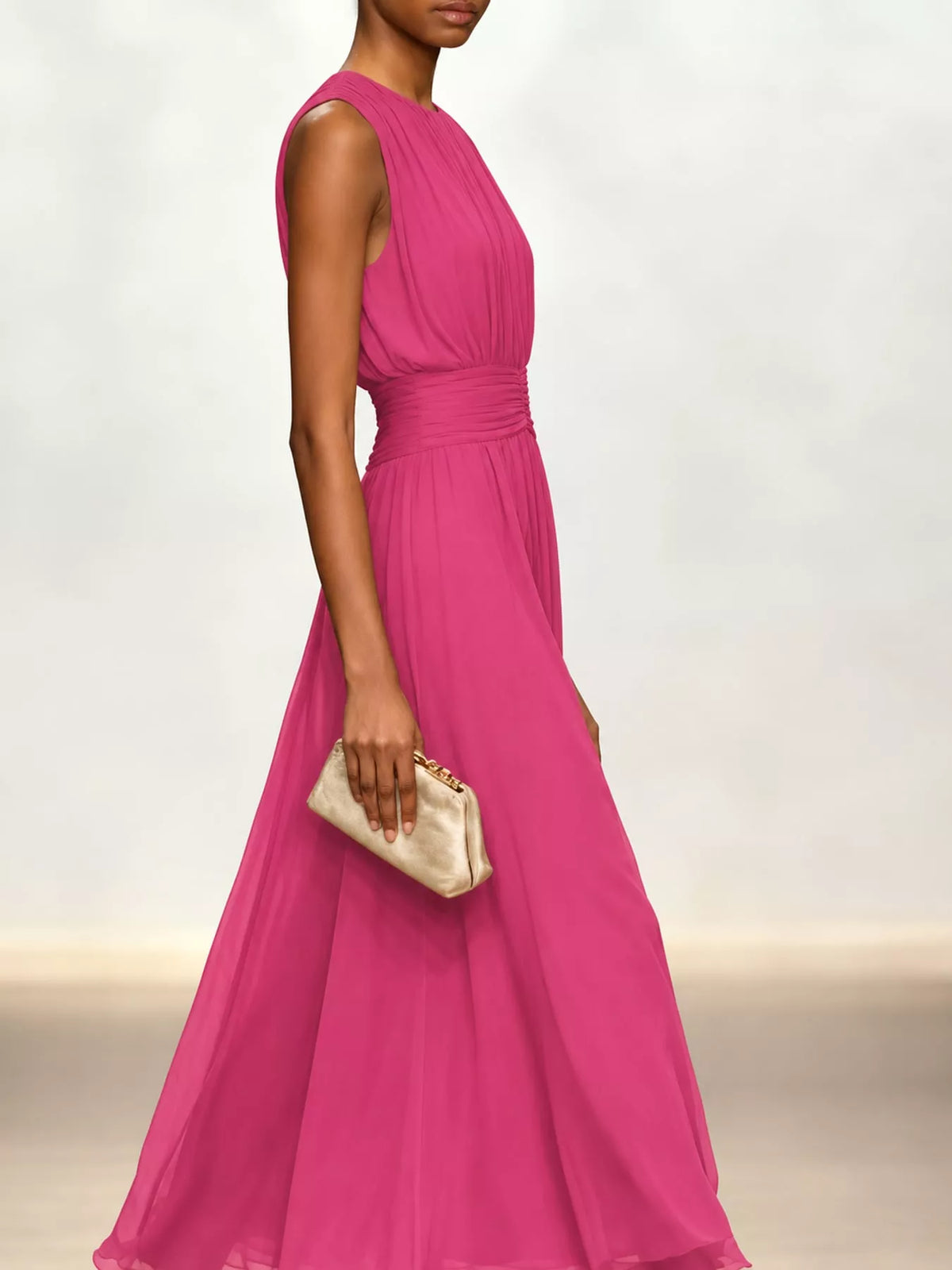 Sleeveless Ruched Chiffon Maxi Dress