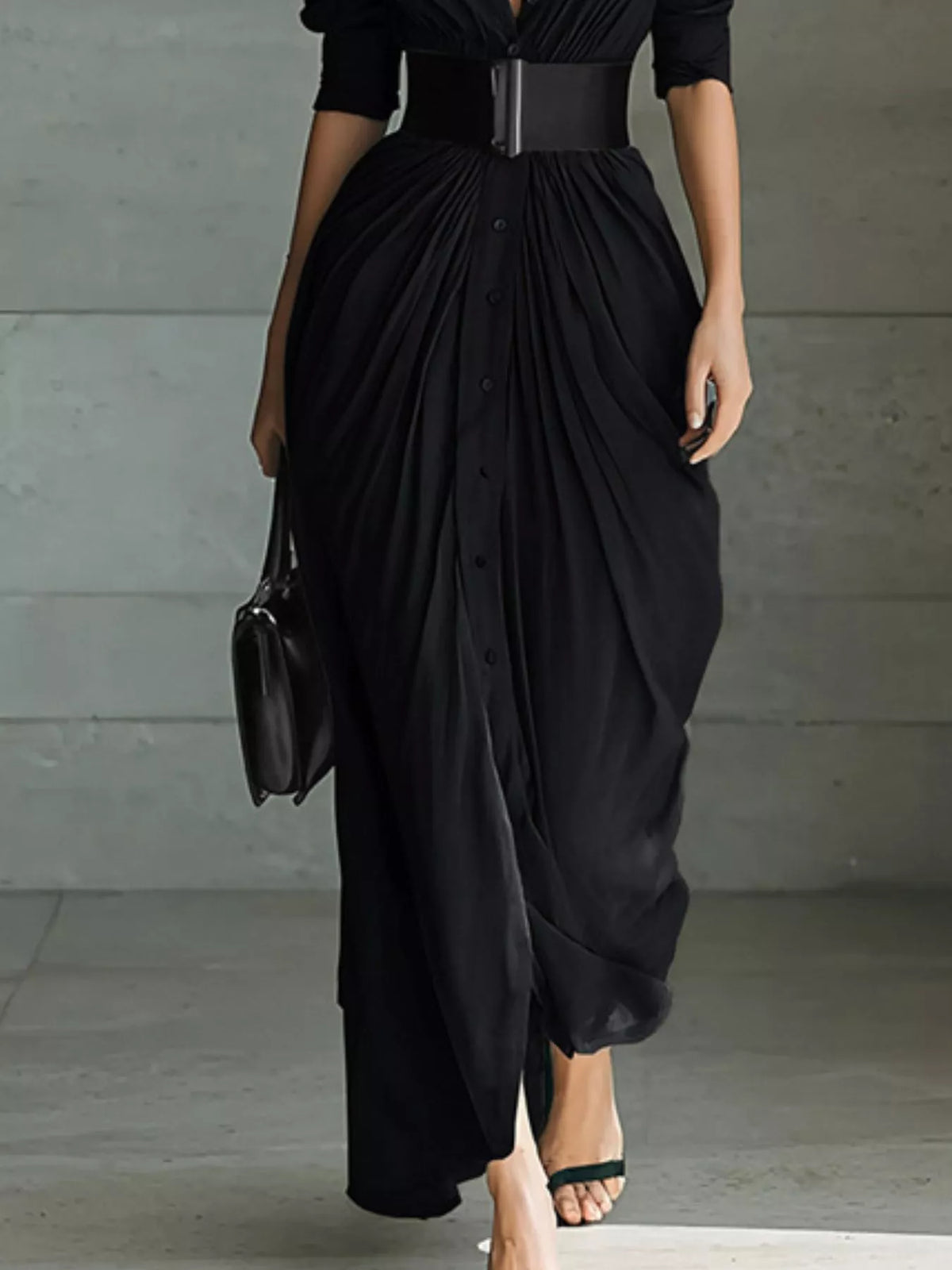 Ruched Button-Front Shirt Maxi Dress