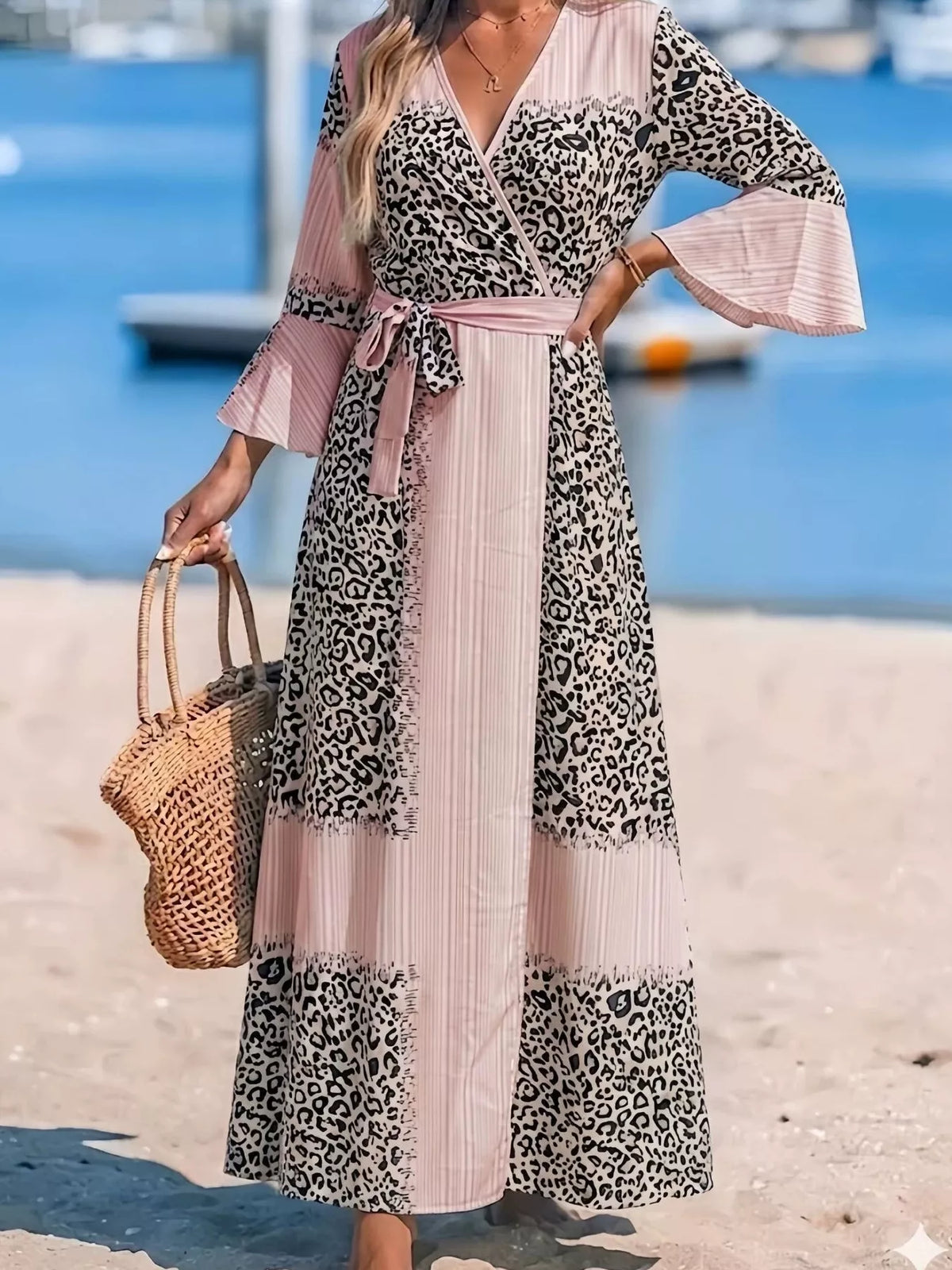 Leopard Print Patchwork Tie Maxi Dress