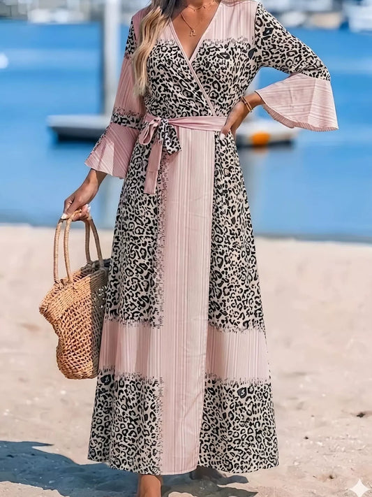 Leopard Print Patchwork Tie Maxi Dress