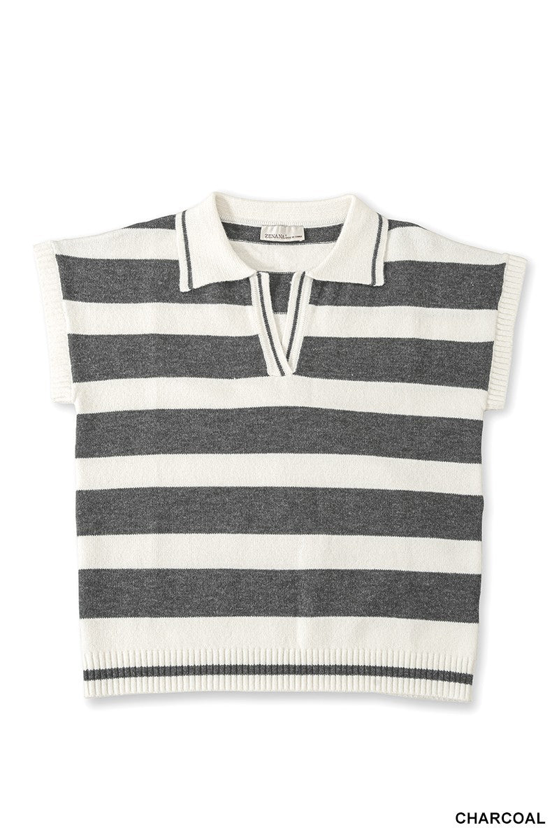 Zenana Striped Collared Short Sleeve Sweater in Charcoal