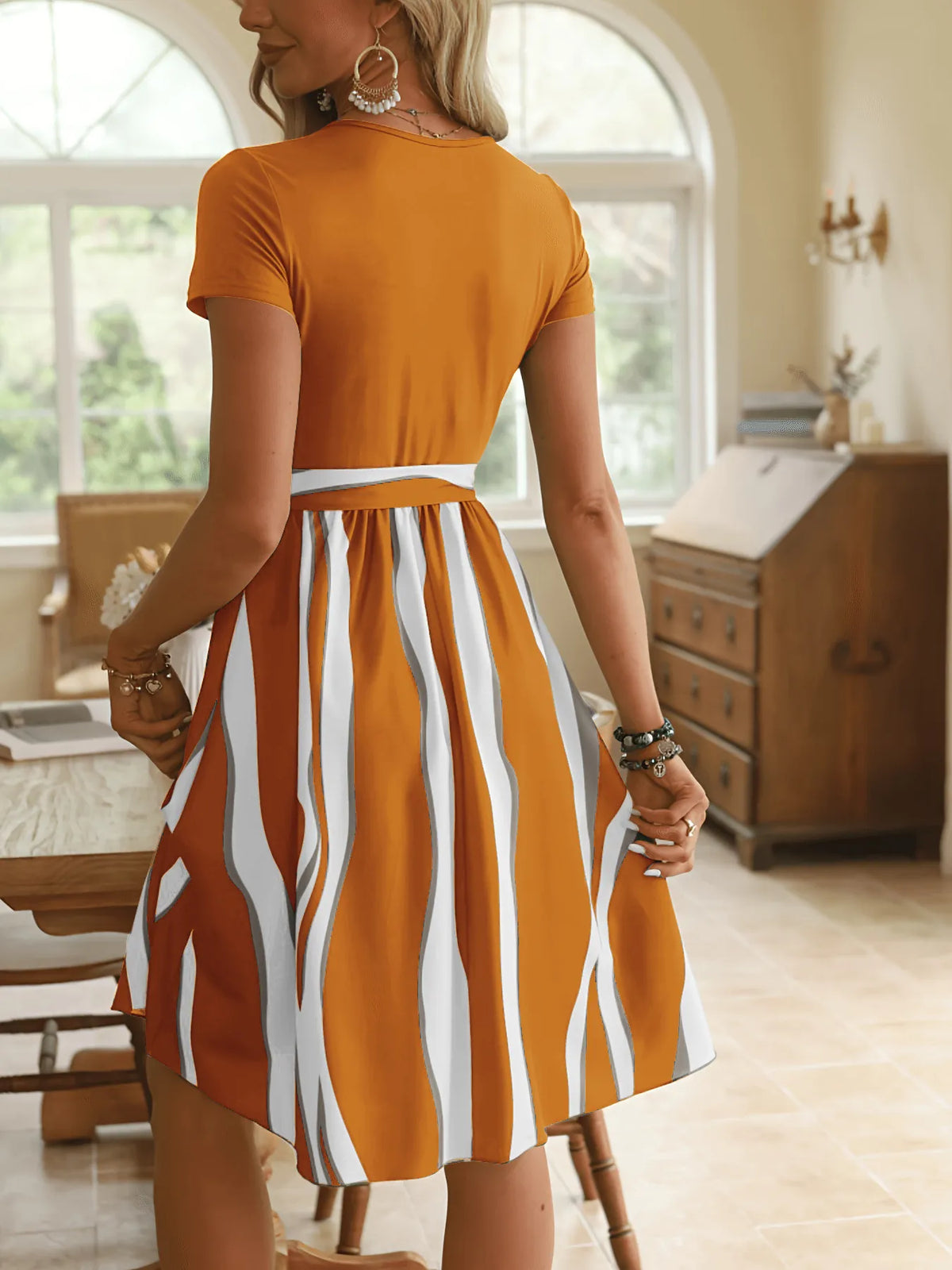 Striped Short Sleeve Tie Waist Dress by Classic Comfort