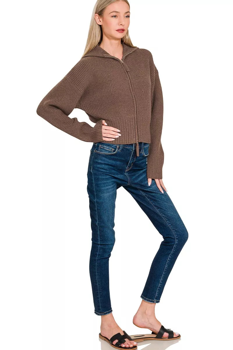 Zenana Zip Up Sweater Cardigan in Brown