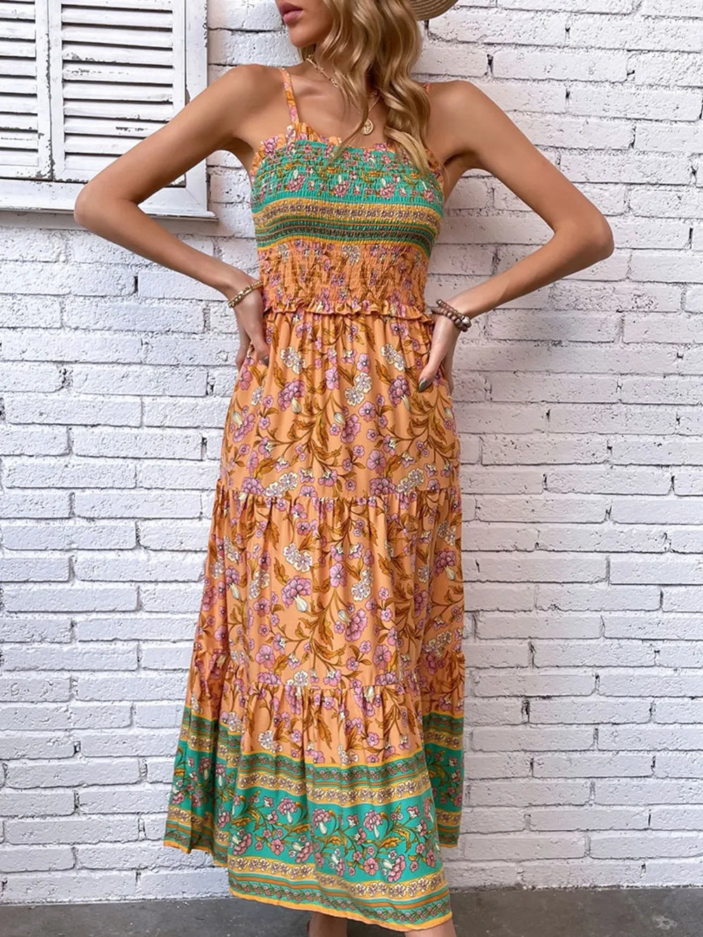 Printed Square Neck Cami Dress in Ochre